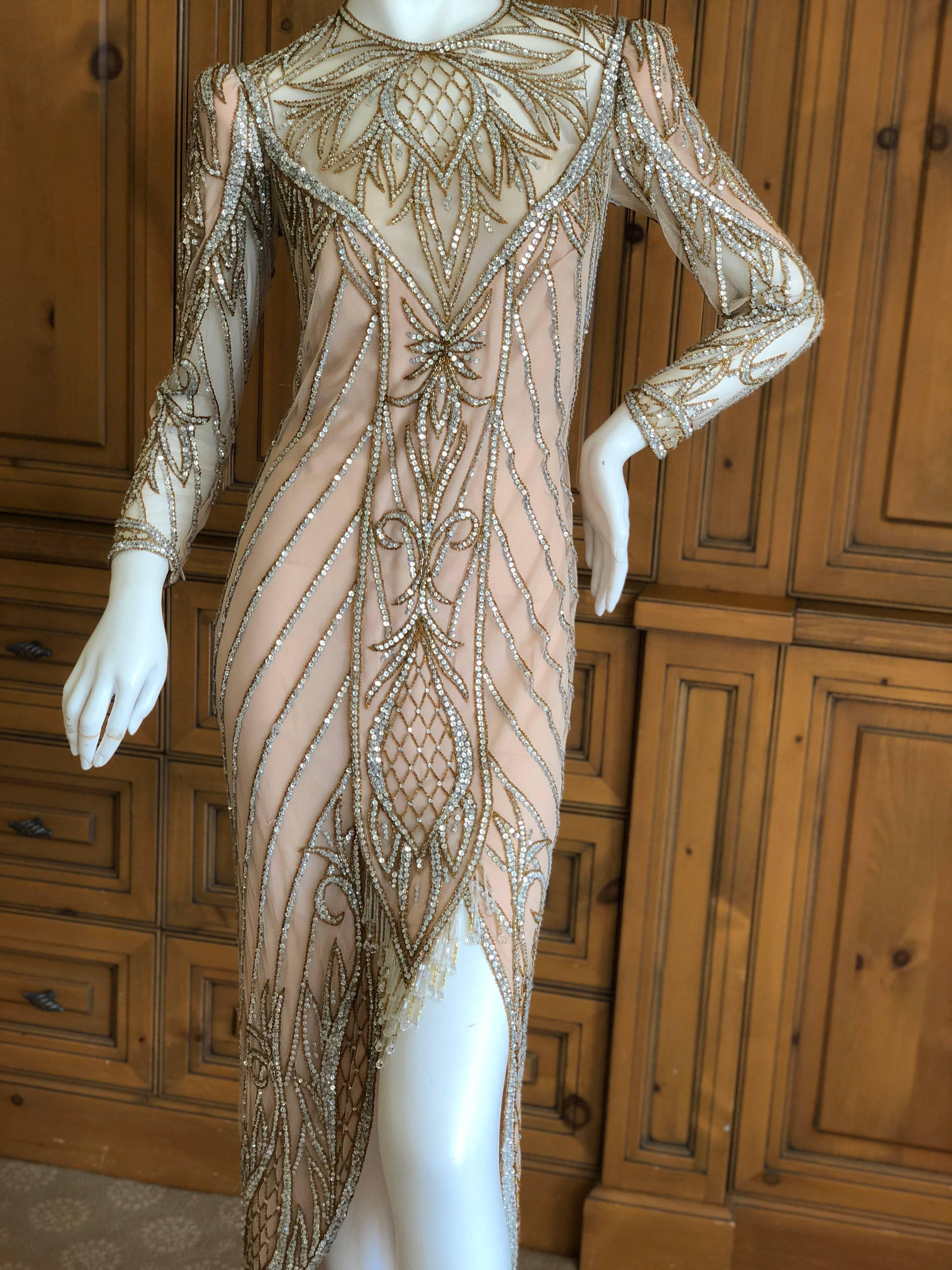 Bob Mackie Nieman Marcus Crystal Beaded Sheer Evening Dress, 1980s  10