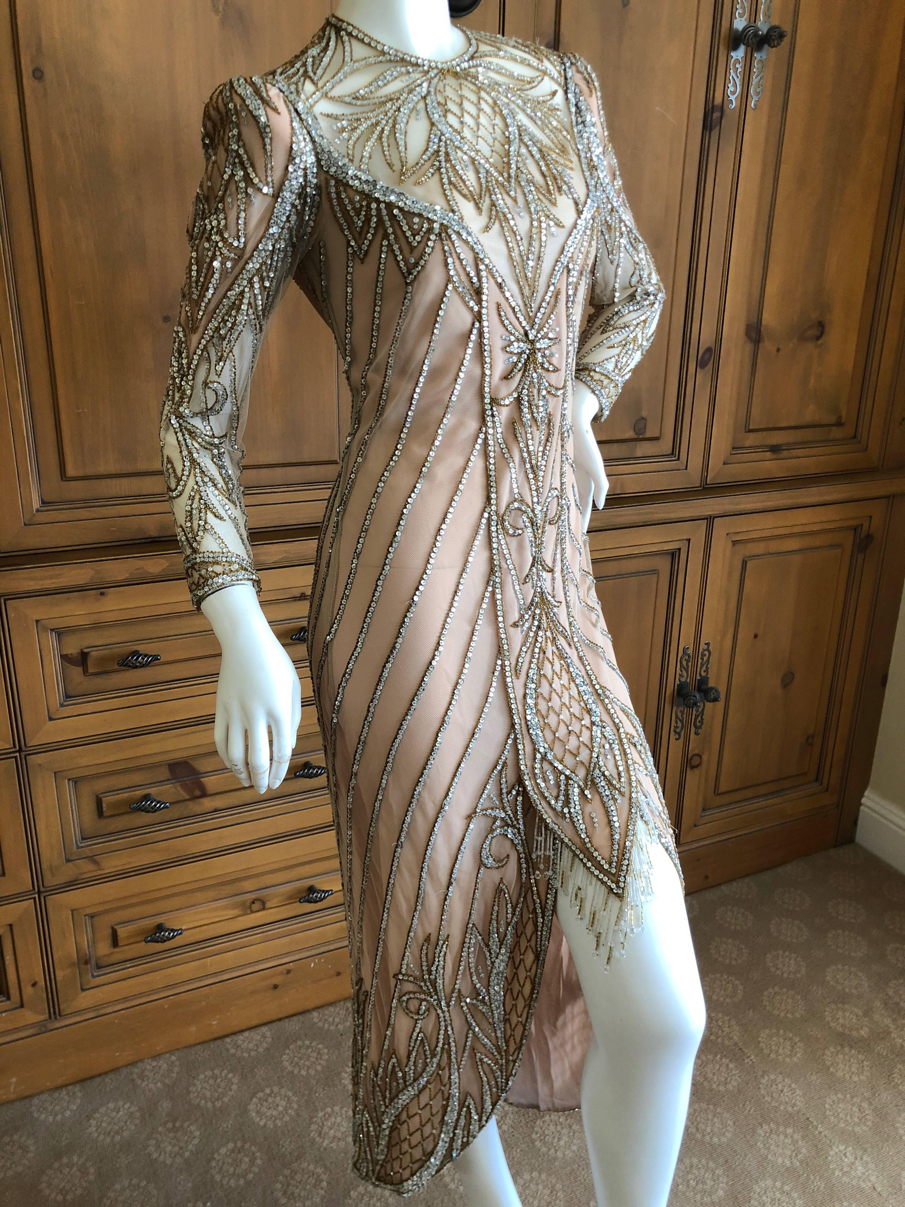 Bob Mackie Nieman Marcus Crystal Beaded Sheer Evening Dress, 1980s  11