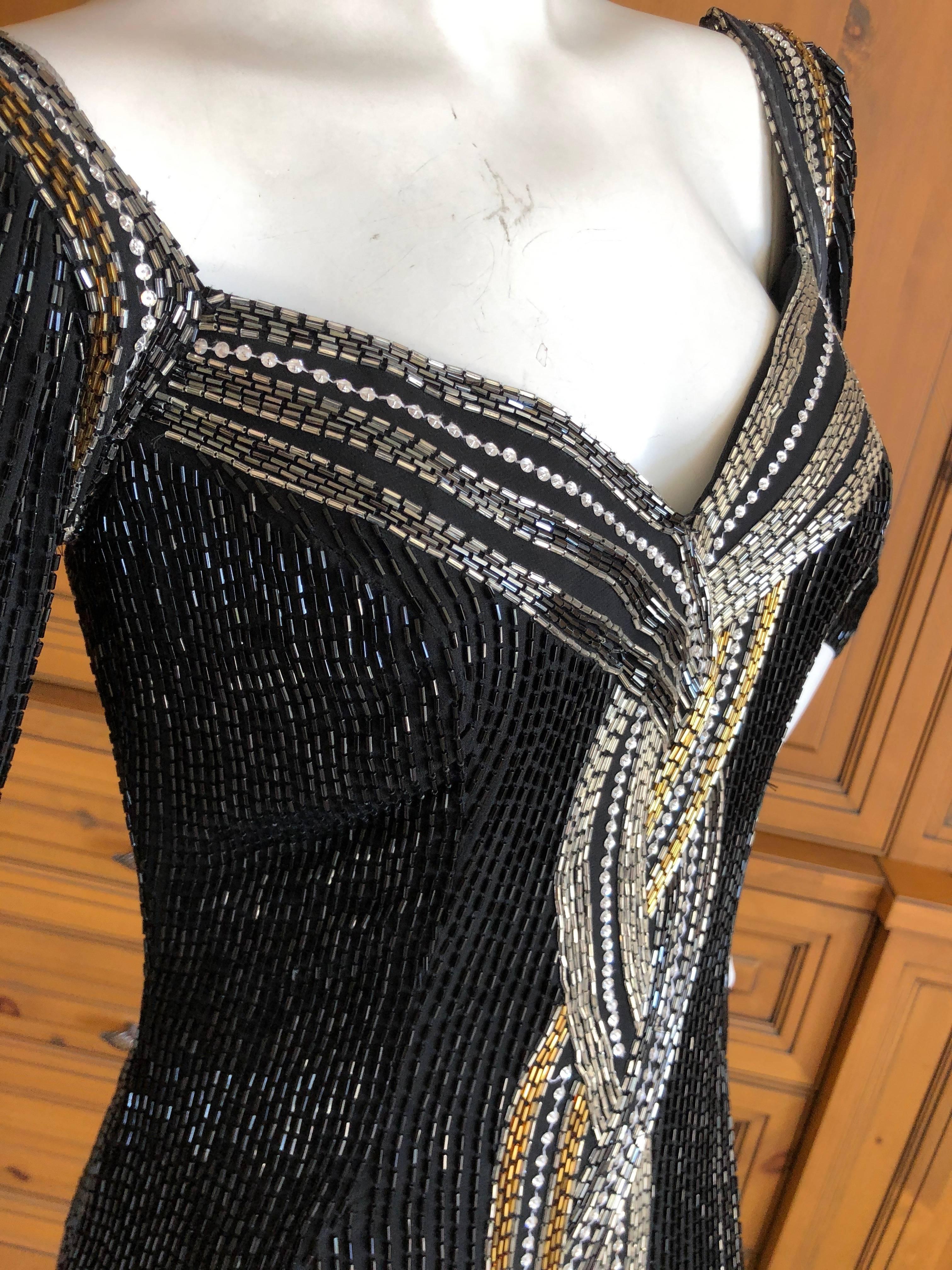 Women's Bob Mackie Black Bugle Beaded Waterfall Evening Dress For Sale