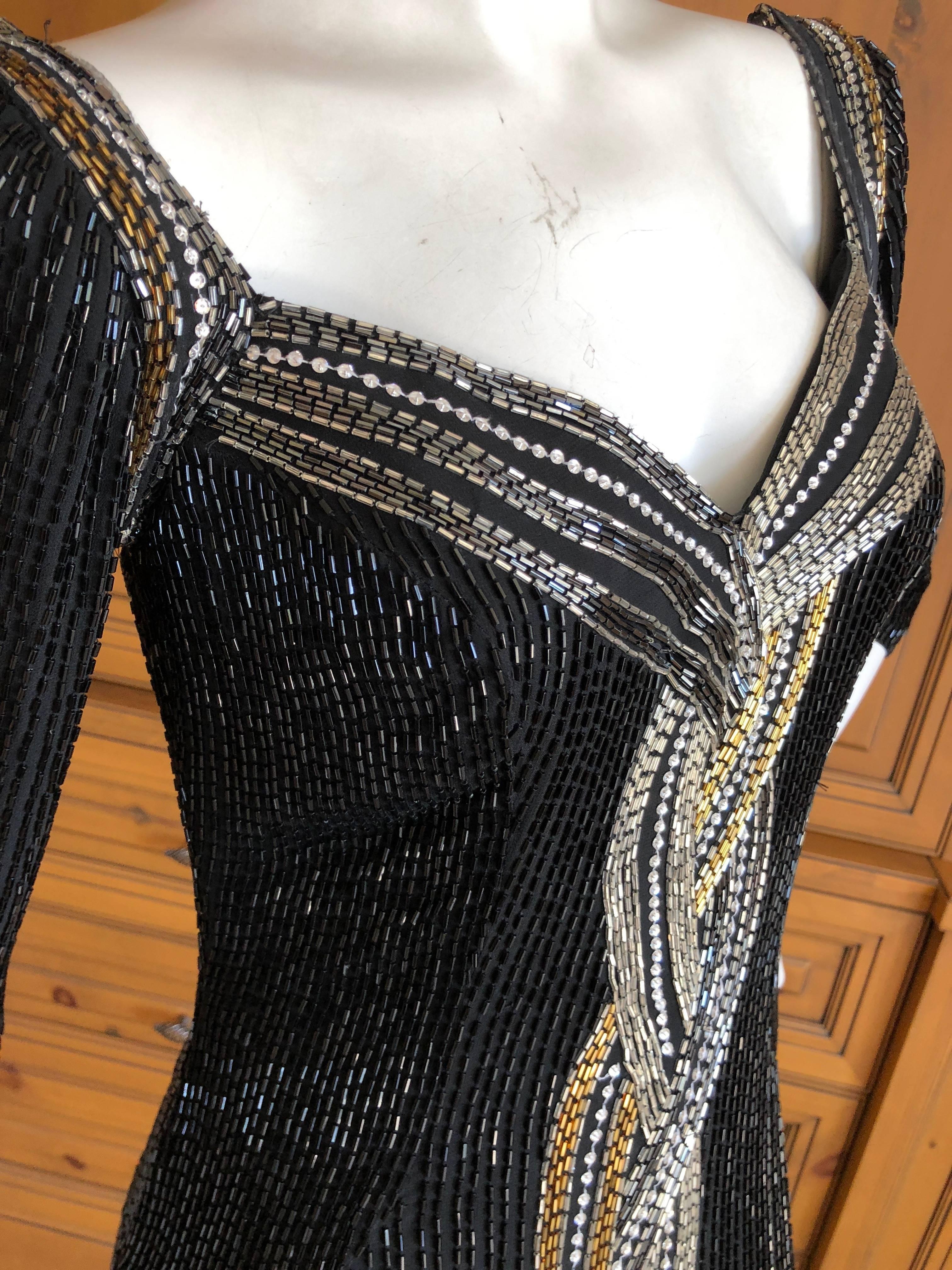 Bob Mackie Black Bugle Beaded Waterfall Evening Dress For Sale 2