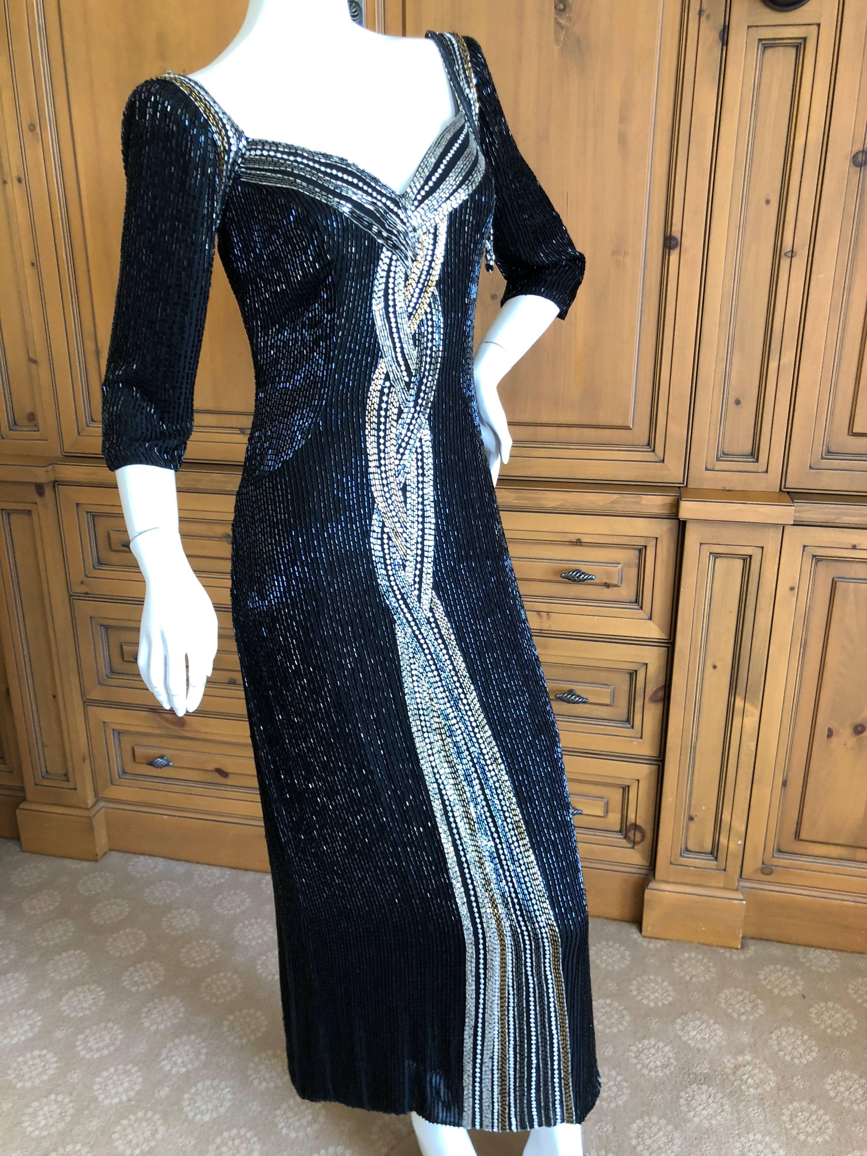 Bob Mackie Black Bugle Beaded Waterfall Evening Dress In Excellent Condition For Sale In Cloverdale, CA