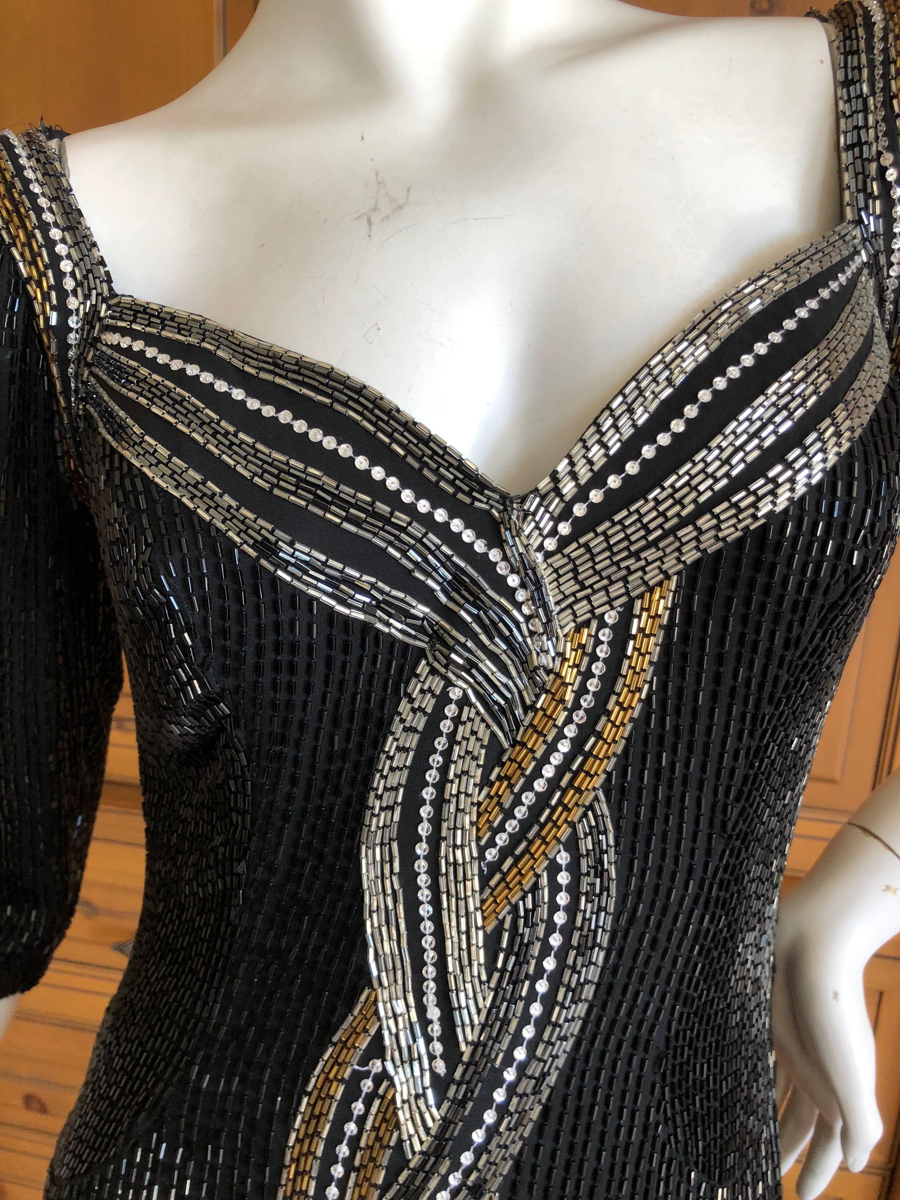 Bob Mackie Black Bugle Beaded Waterfall Evening Dress For Sale 4