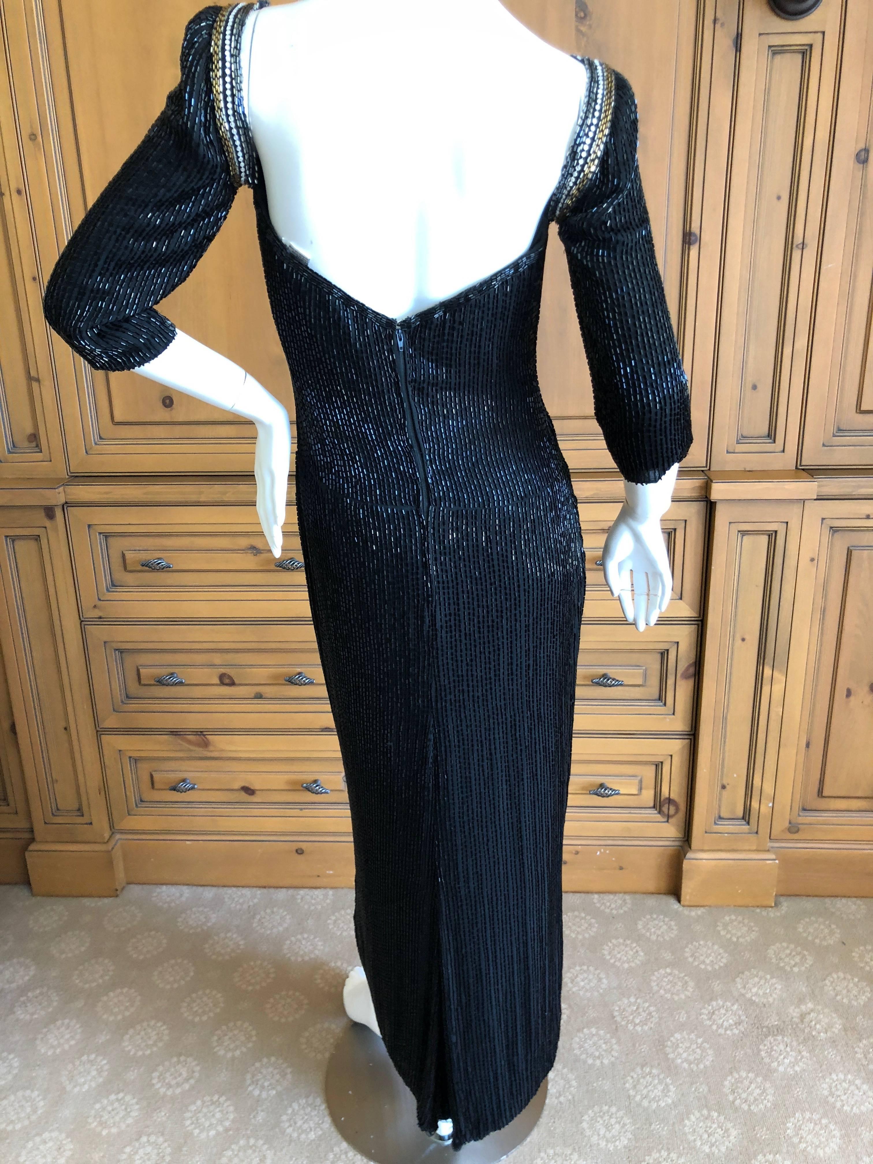 Bob Mackie Black Bugle Beaded Waterfall Evening Dress For Sale 5