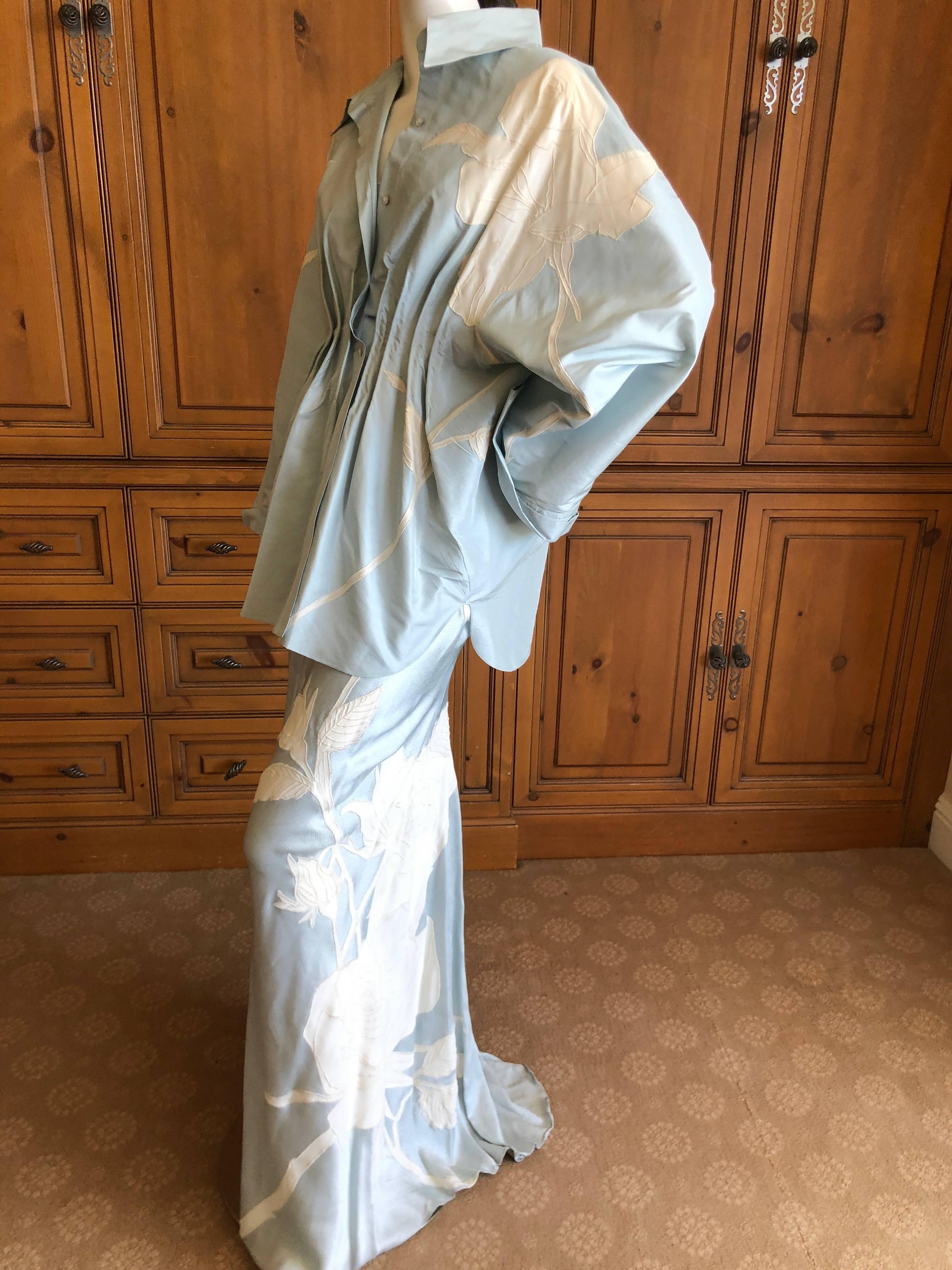 John Galliano Three Piece Full Length White Flower Applique Skirt Suit, 1990s For Sale 3