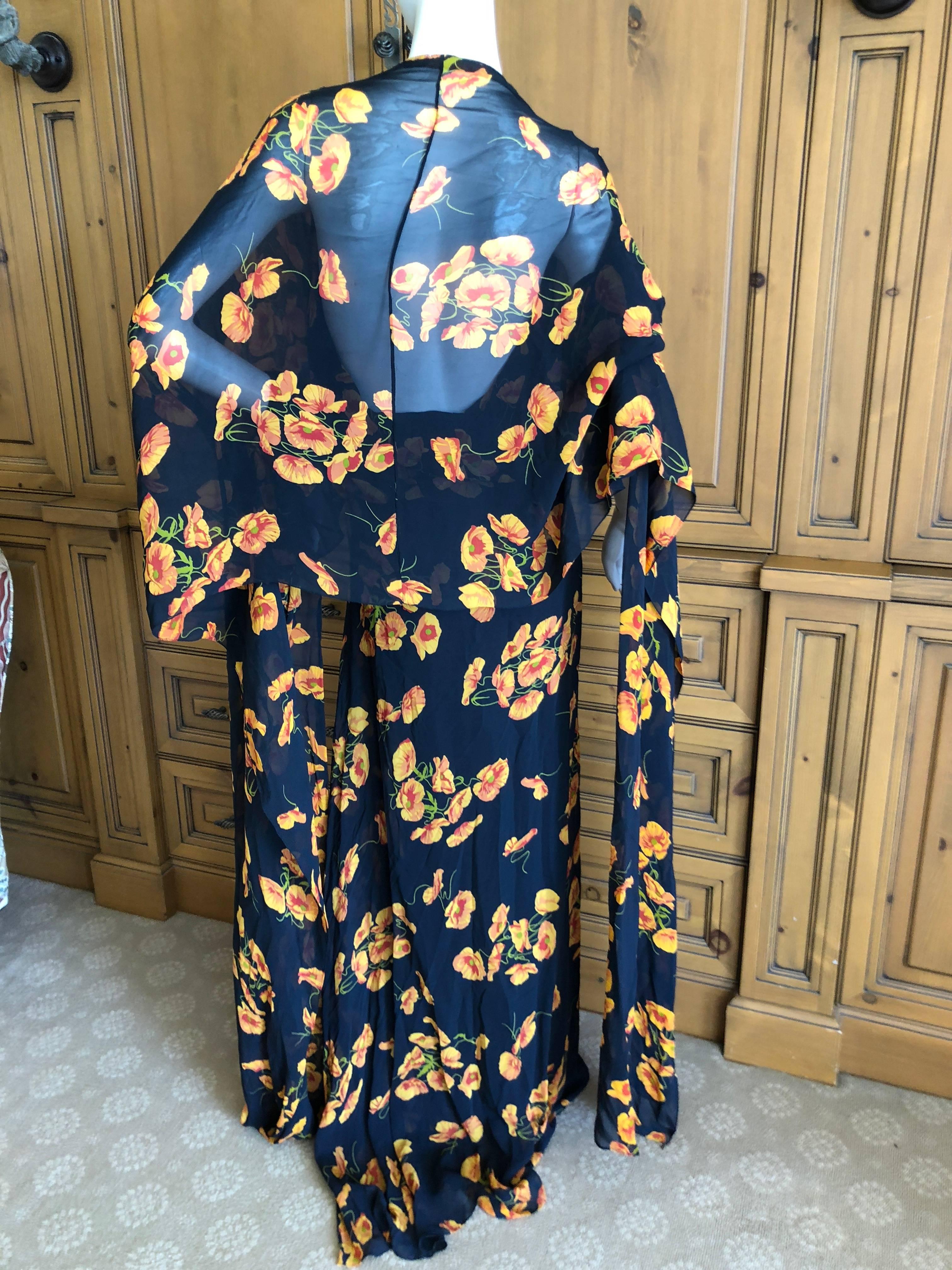 Cardinali Silk Chiffon Floral Poppy Print Evening Dress with Unusual Cape Back  In Excellent Condition For Sale In Cloverdale, CA