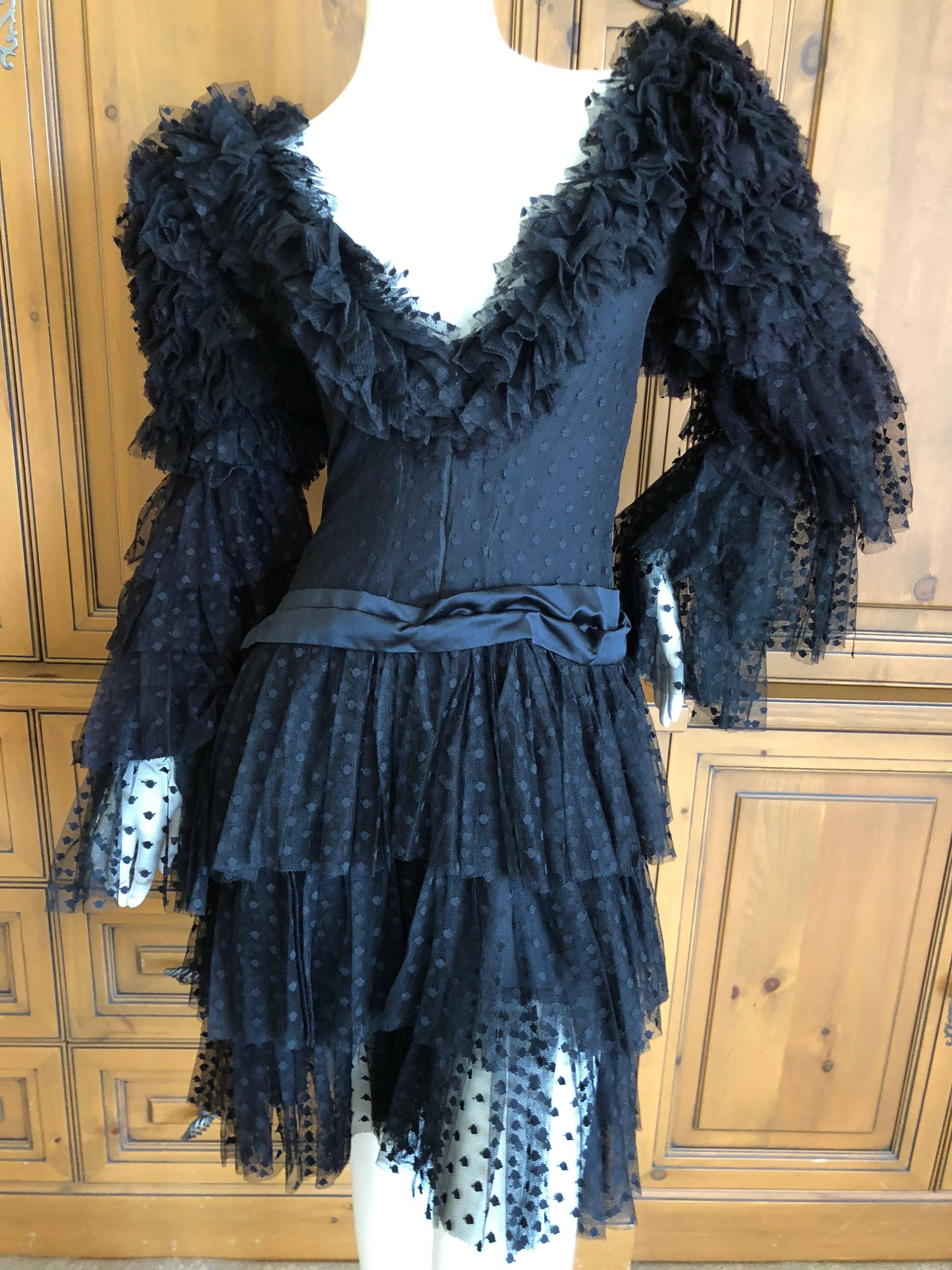 Cardinali Dramatic Black Ruffled Poet Sleeve Silk Cocktail Dress In Excellent Condition In Cloverdale, CA