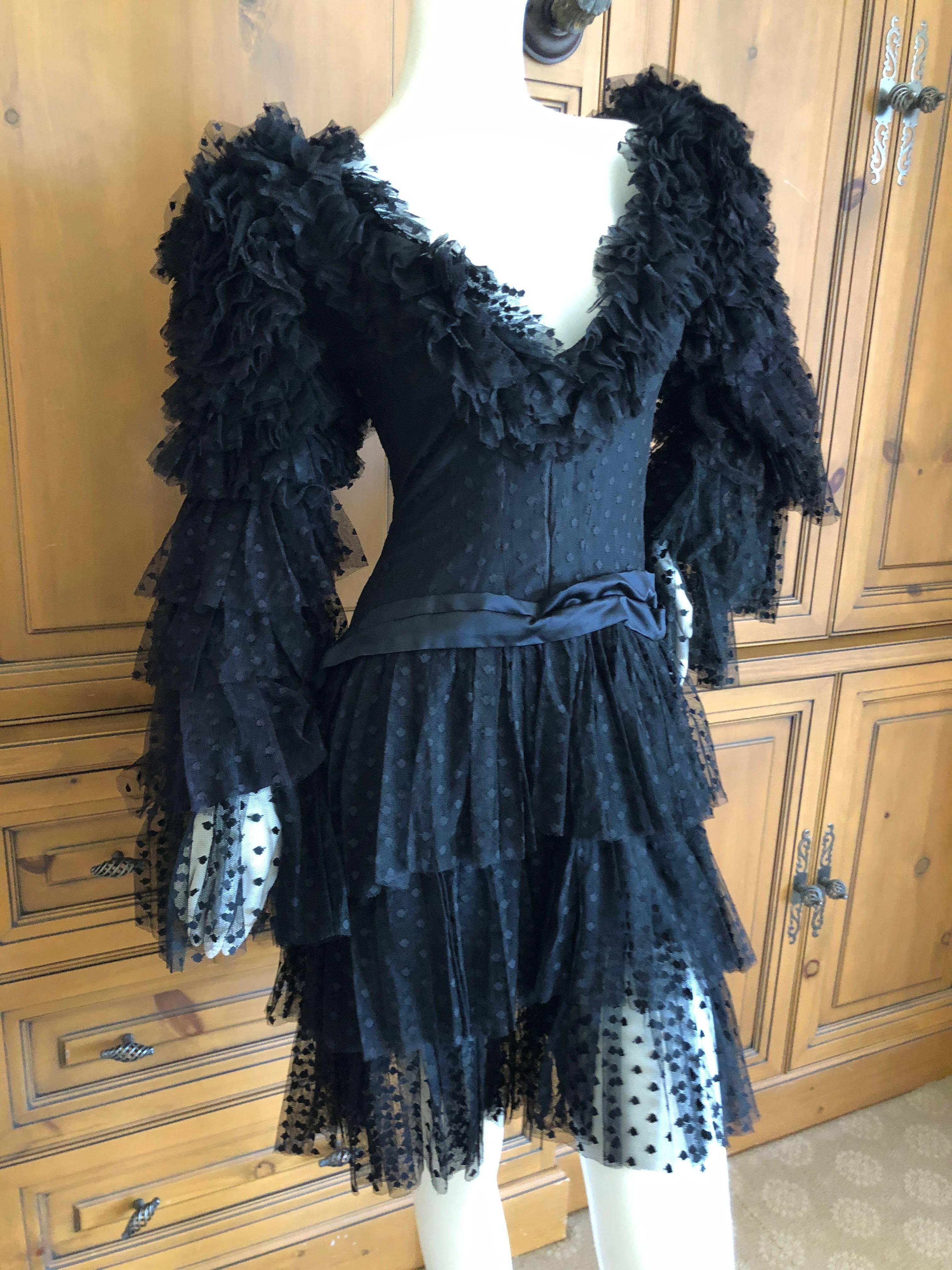 Women's Cardinali Dramatic Black Ruffled Poet Sleeve Silk Cocktail Dress