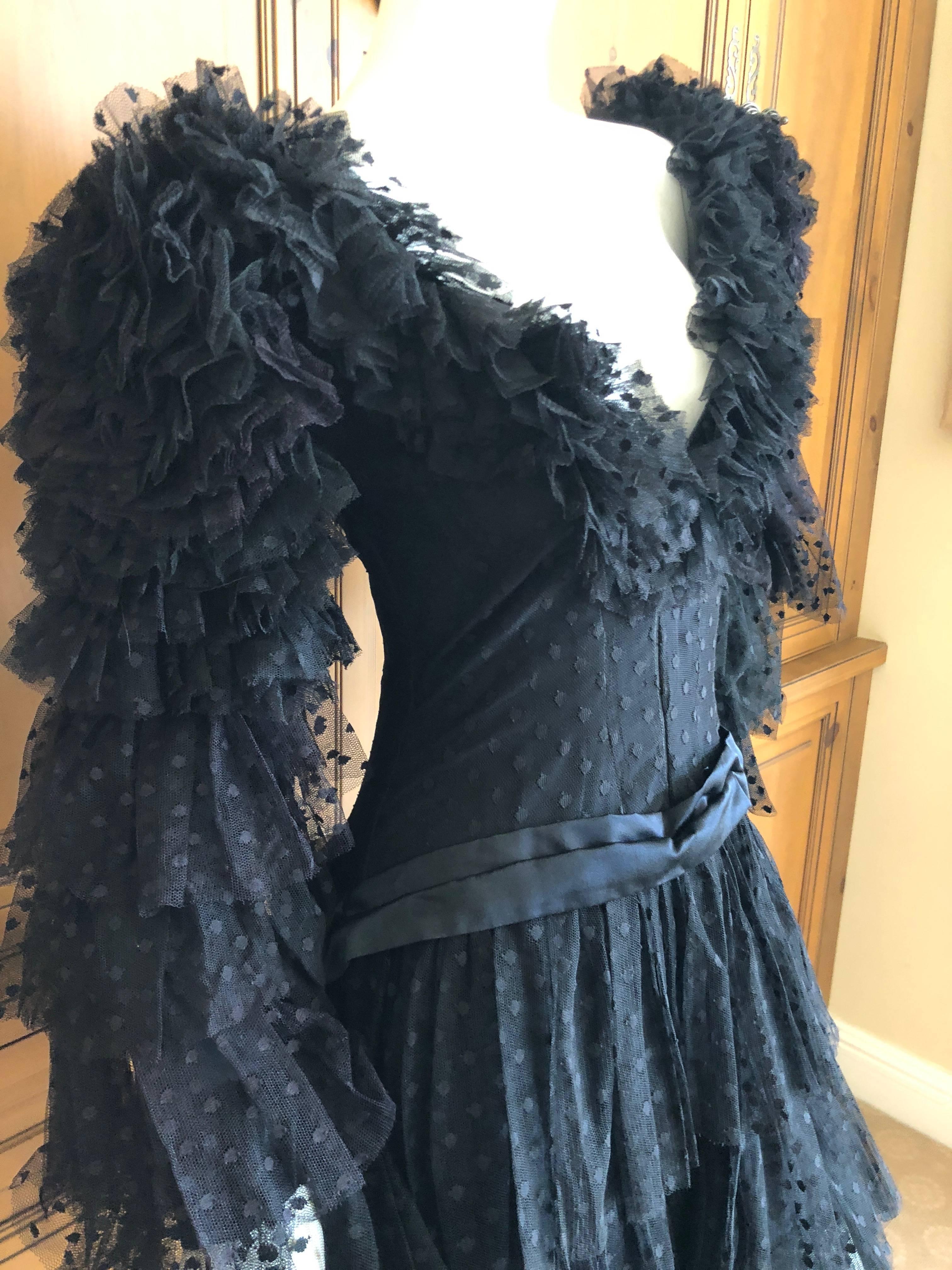 Cardinali Dramatic Black Ruffled Poet Sleeve Silk Cocktail Dress 1