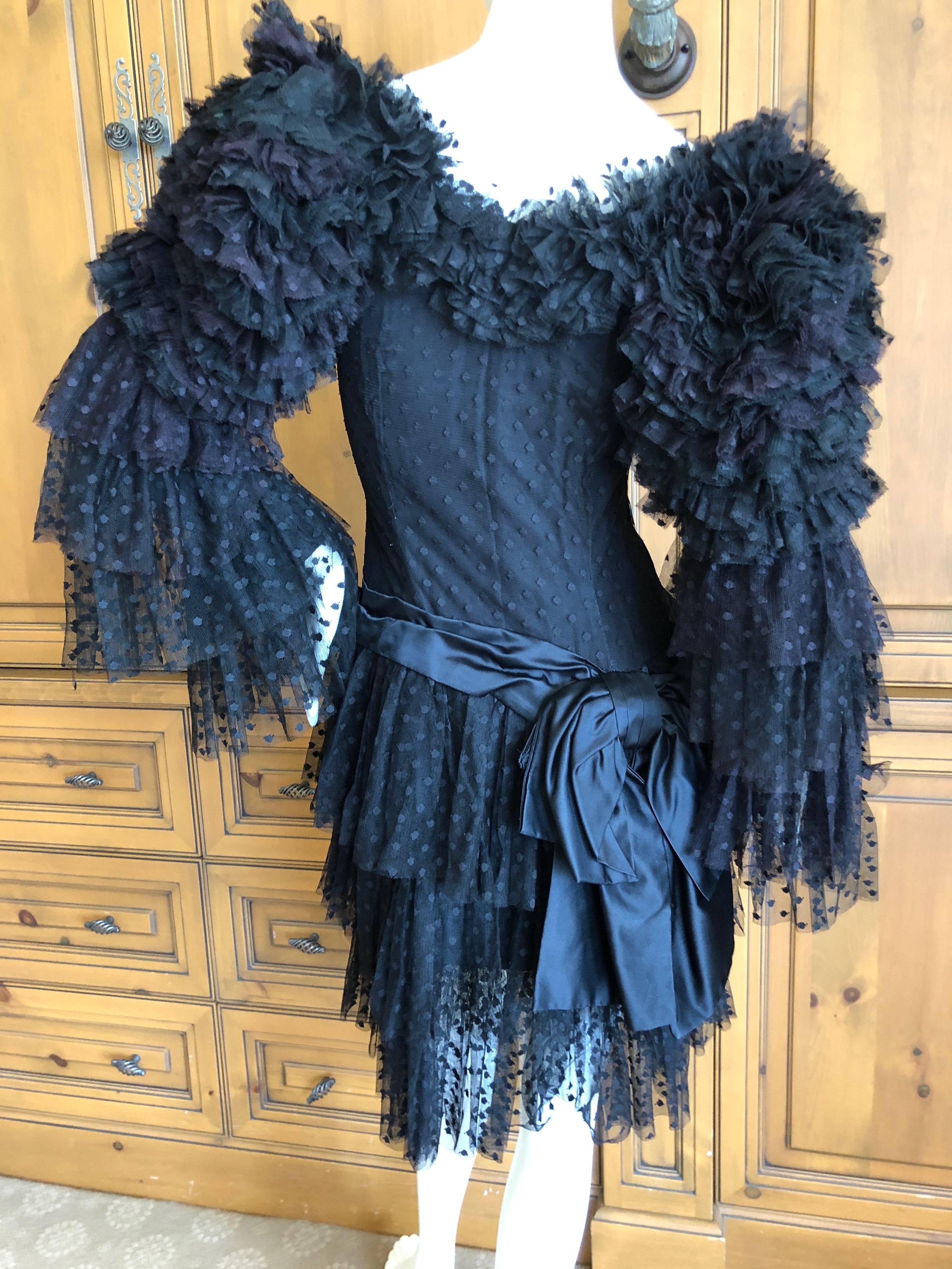Cardinali Dramatic Black Ruffled Poet Sleeve Silk Cocktail Dress 3