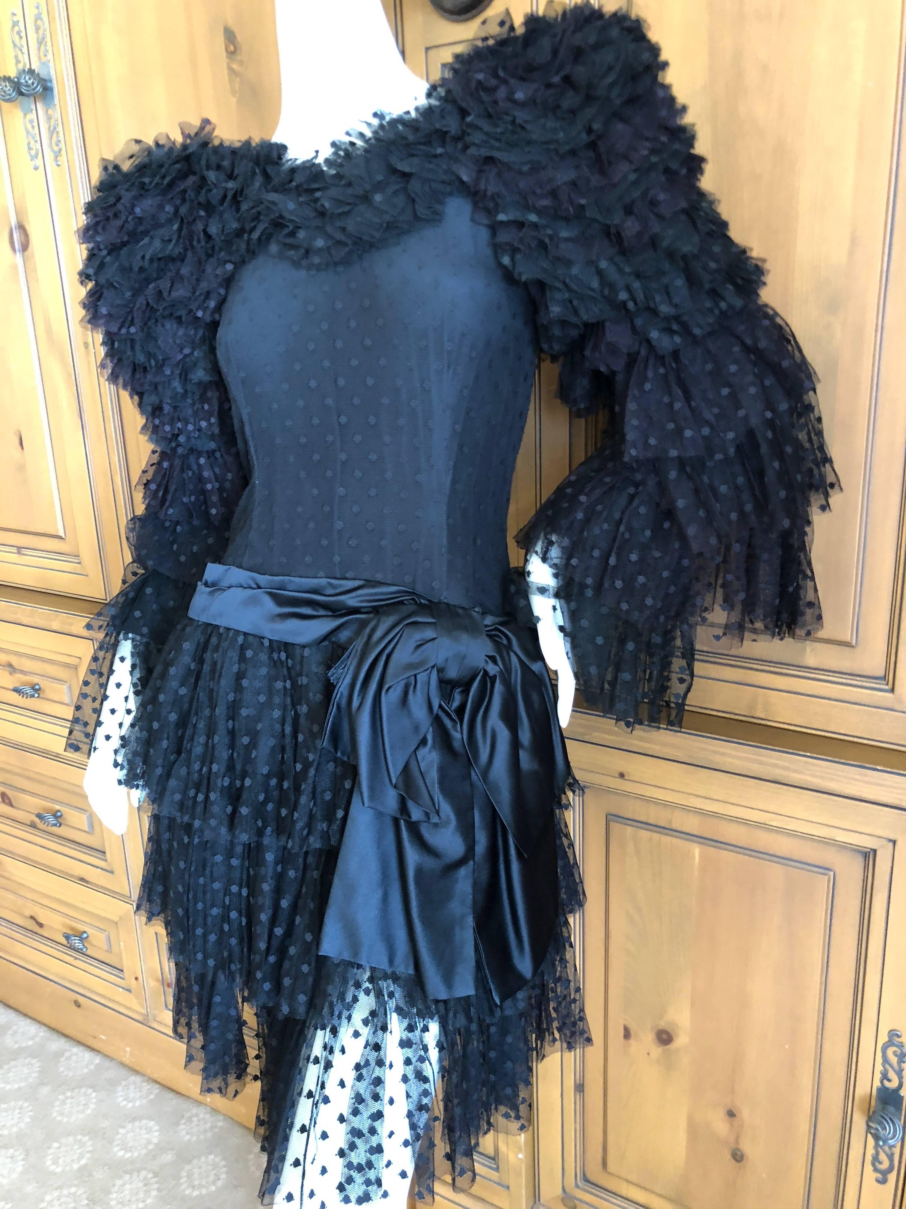 Cardinali Dramatic Black Ruffled Poet Sleeve Silk Cocktail Dress 6