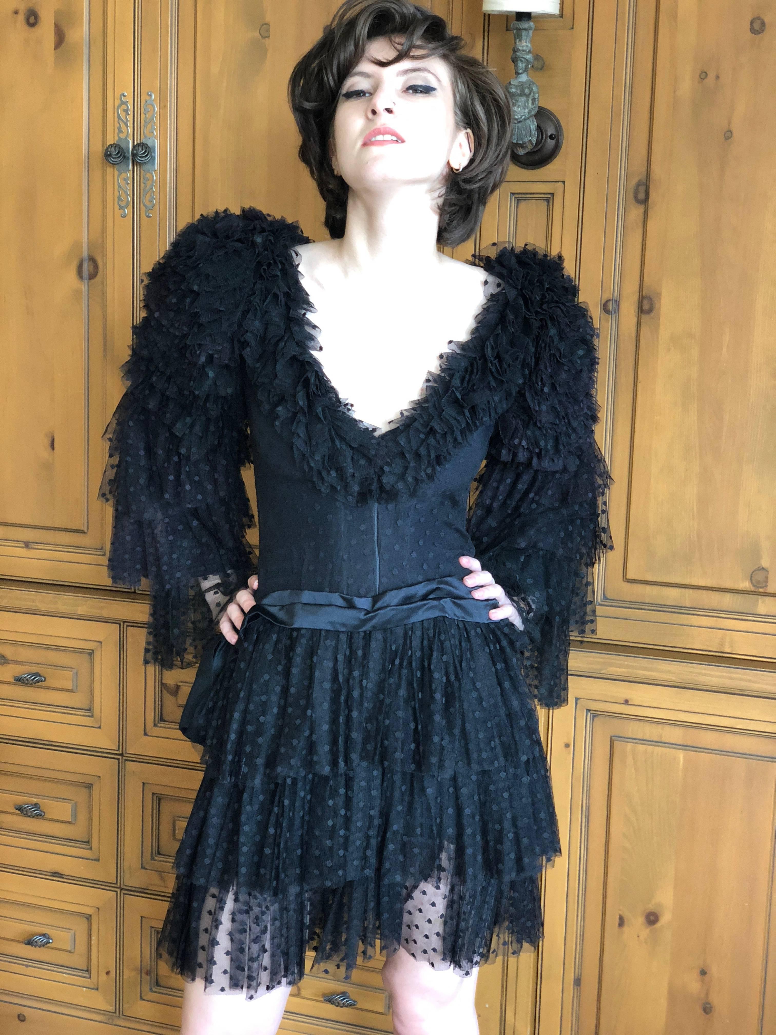 Cardinali Dramatic Black Ruffled Poet Sleeve Silk Cocktail Dress 9