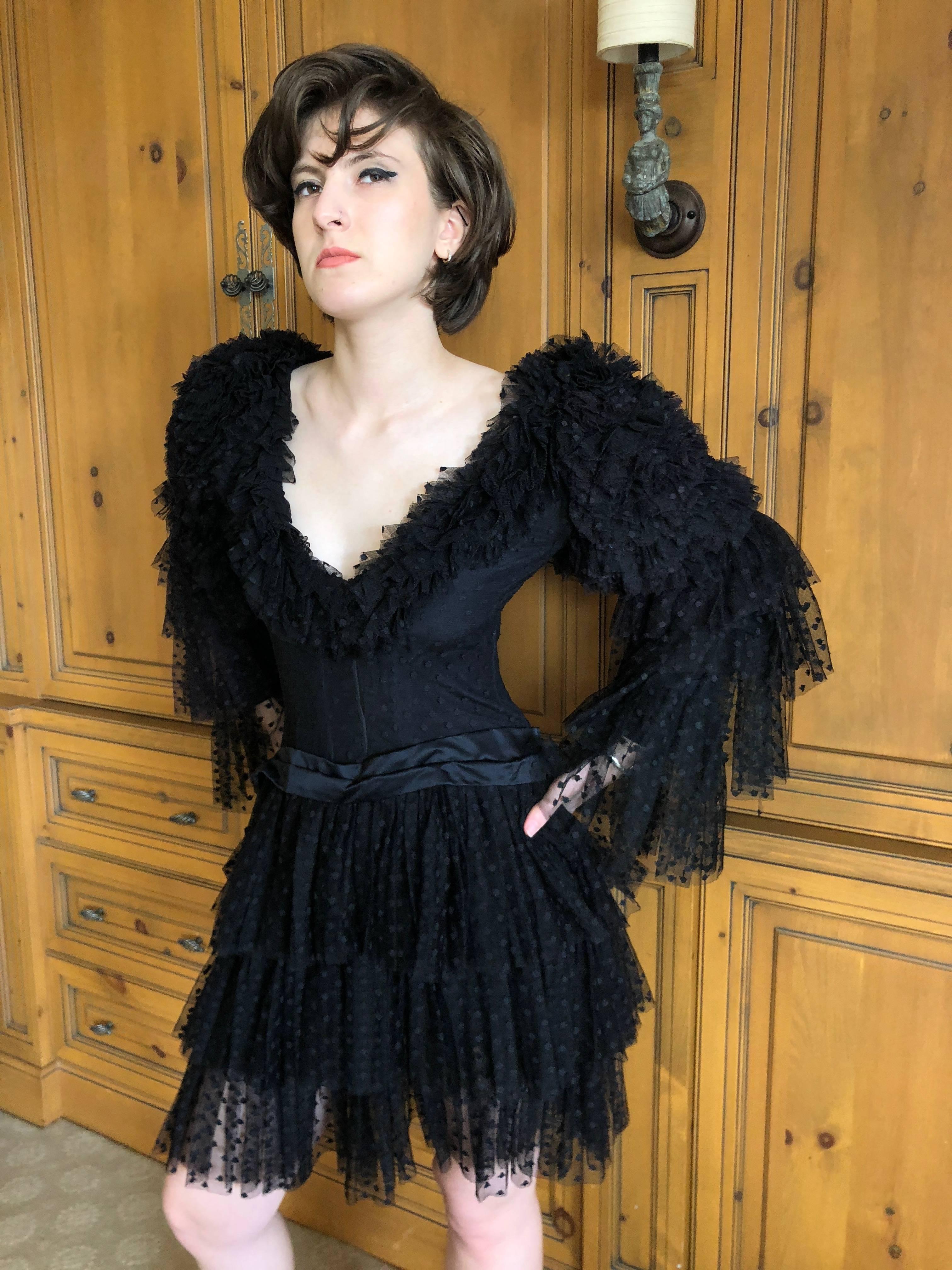 Cardinali Dramatic Black Ruffled Poet Sleeve Silk Cocktail Dress 12