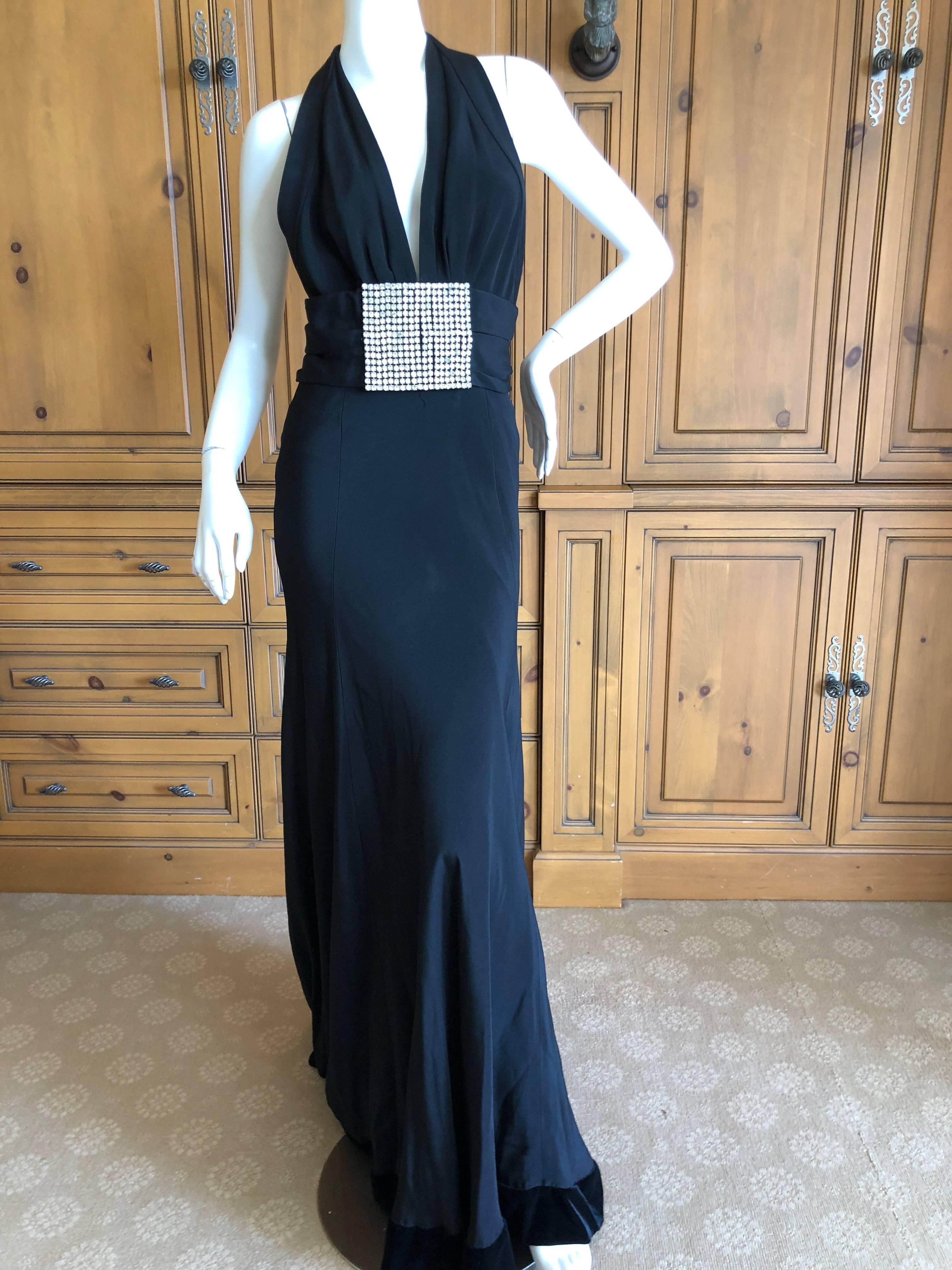 Cardinali Black Low Cut Halter Evening Dress with Huge Rhinestone Crystal Belt For Sale 1