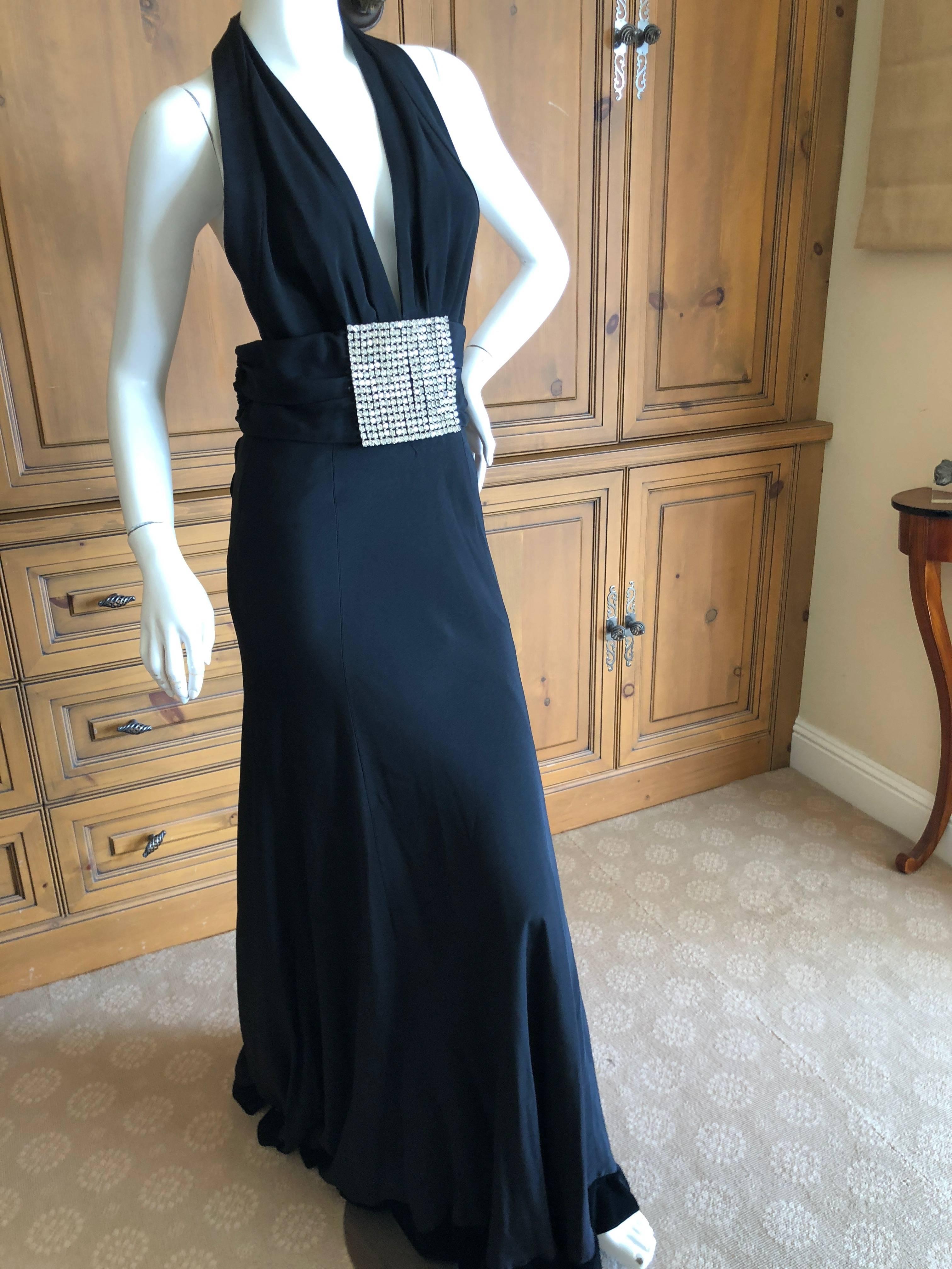 Cardinali Black Low Cut Halter Evening Dress with Huge Rhinestone Crystal Belt For Sale 2