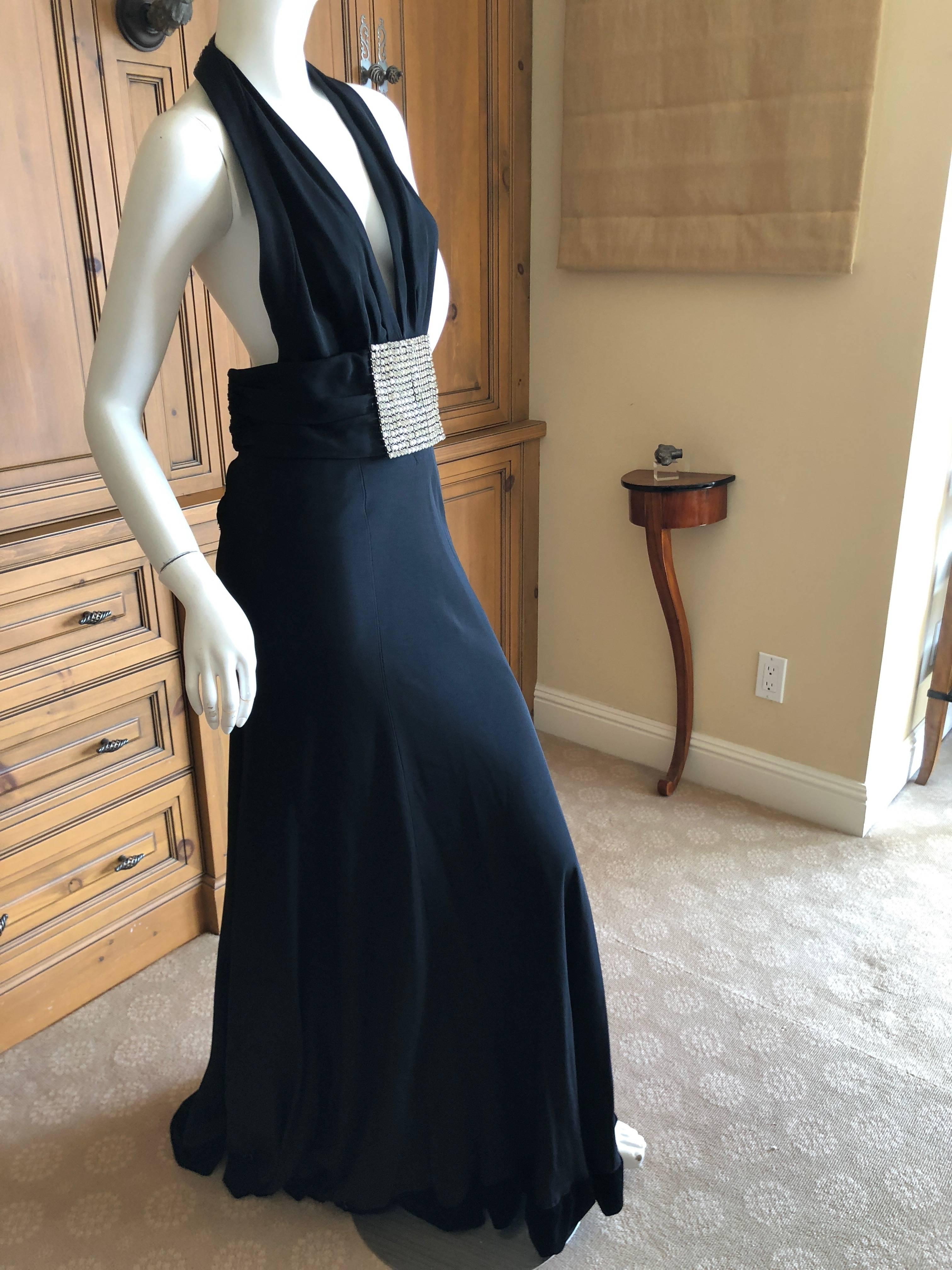 Cardinali Black Low Cut Halter Evening Dress with Huge Rhinestone Crystal Belt For Sale 3