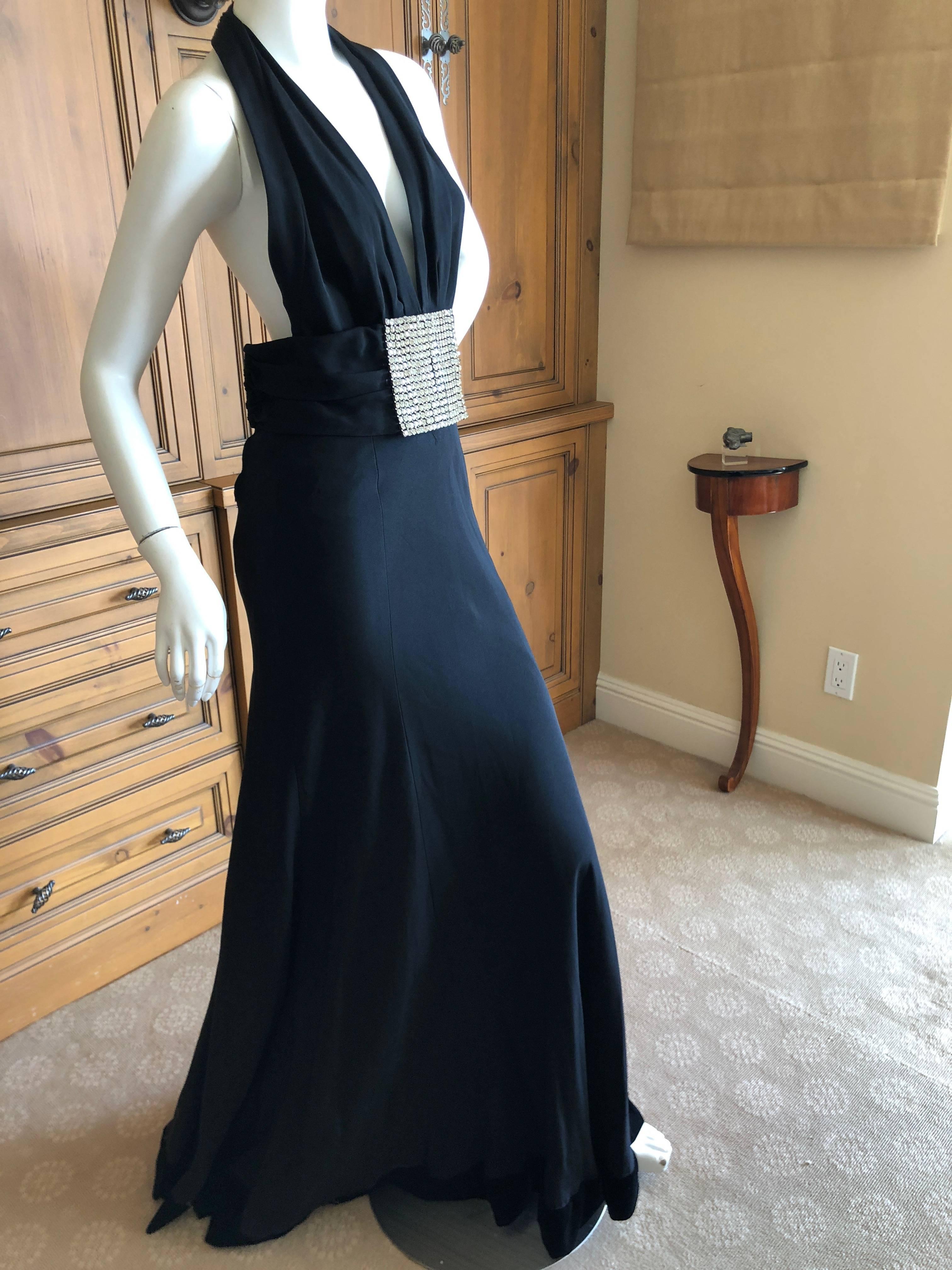 Cardinali Black Low Cut Halter Evening Dress with Huge Rhinestone Crystal Belt For Sale 4