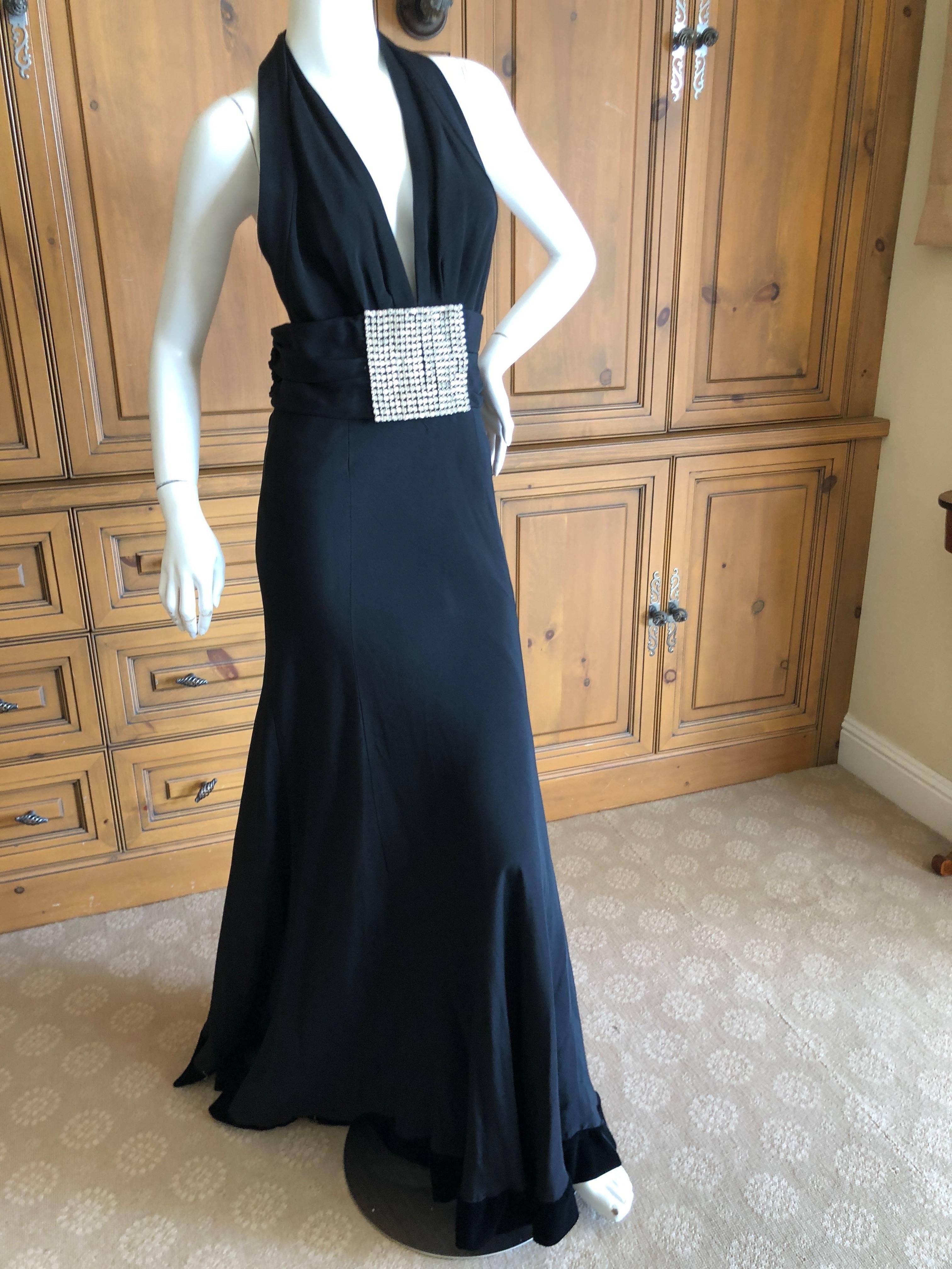 Cardinali Black Low Cut Halter Evening Dress with Huge Rhinestone Crystal Belt For Sale 5