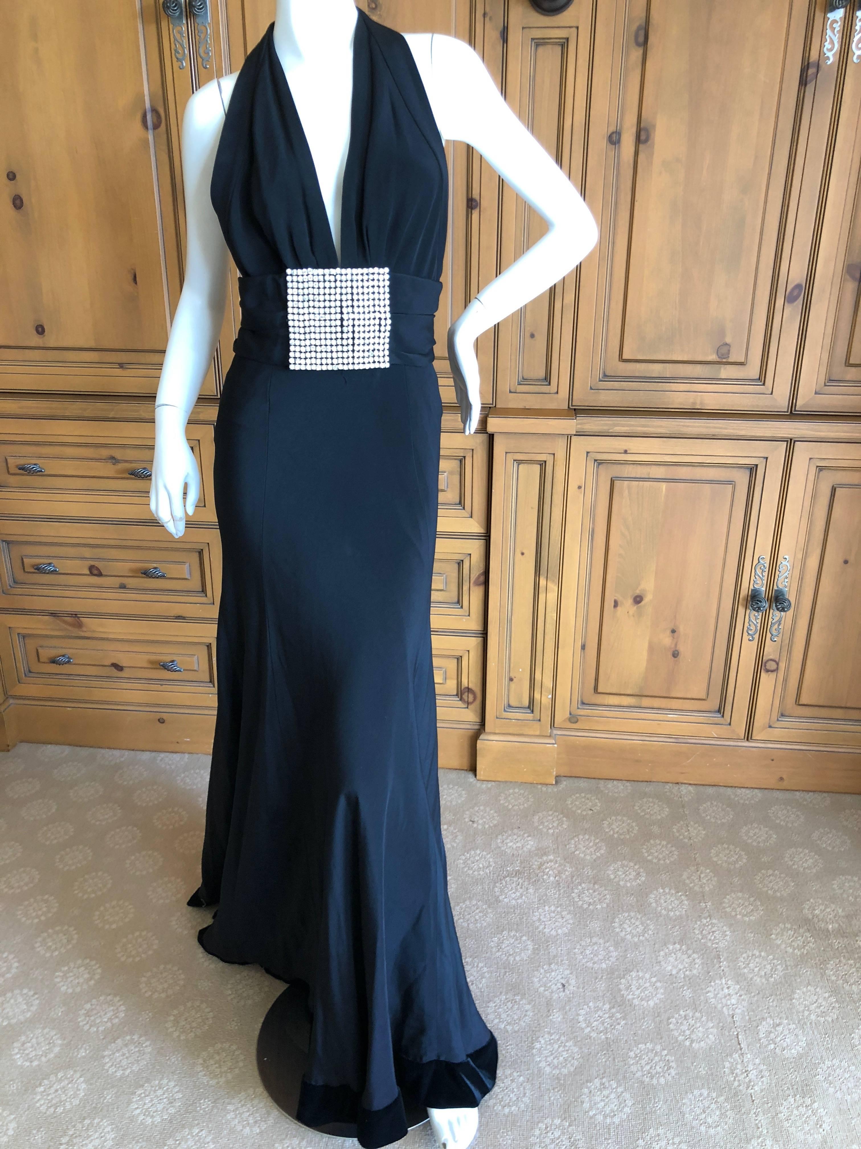 Cardinali Black Low Cut Halter Evening Dress with Huge Rhinestone Crystal Belt For Sale 6
