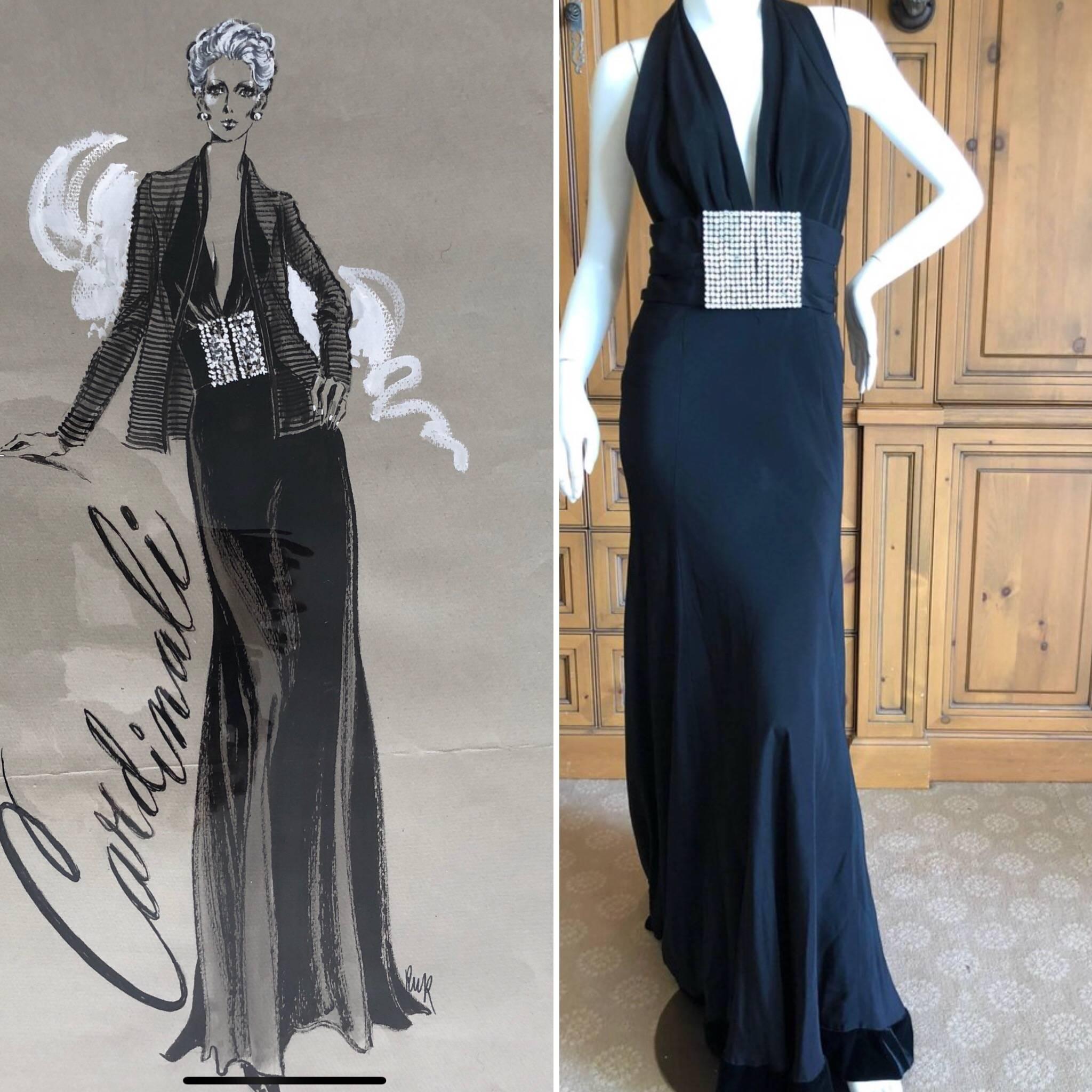 Cardinali Black Low Cut Halter Evening Dress with Huge Rhinestone Crystal Belt
Comes with original fashion illustration art by renowned illustrator Robert W. Richards.
From the Archive of Marilyn Lewis, the creator of Cardinali.
Cardinali was