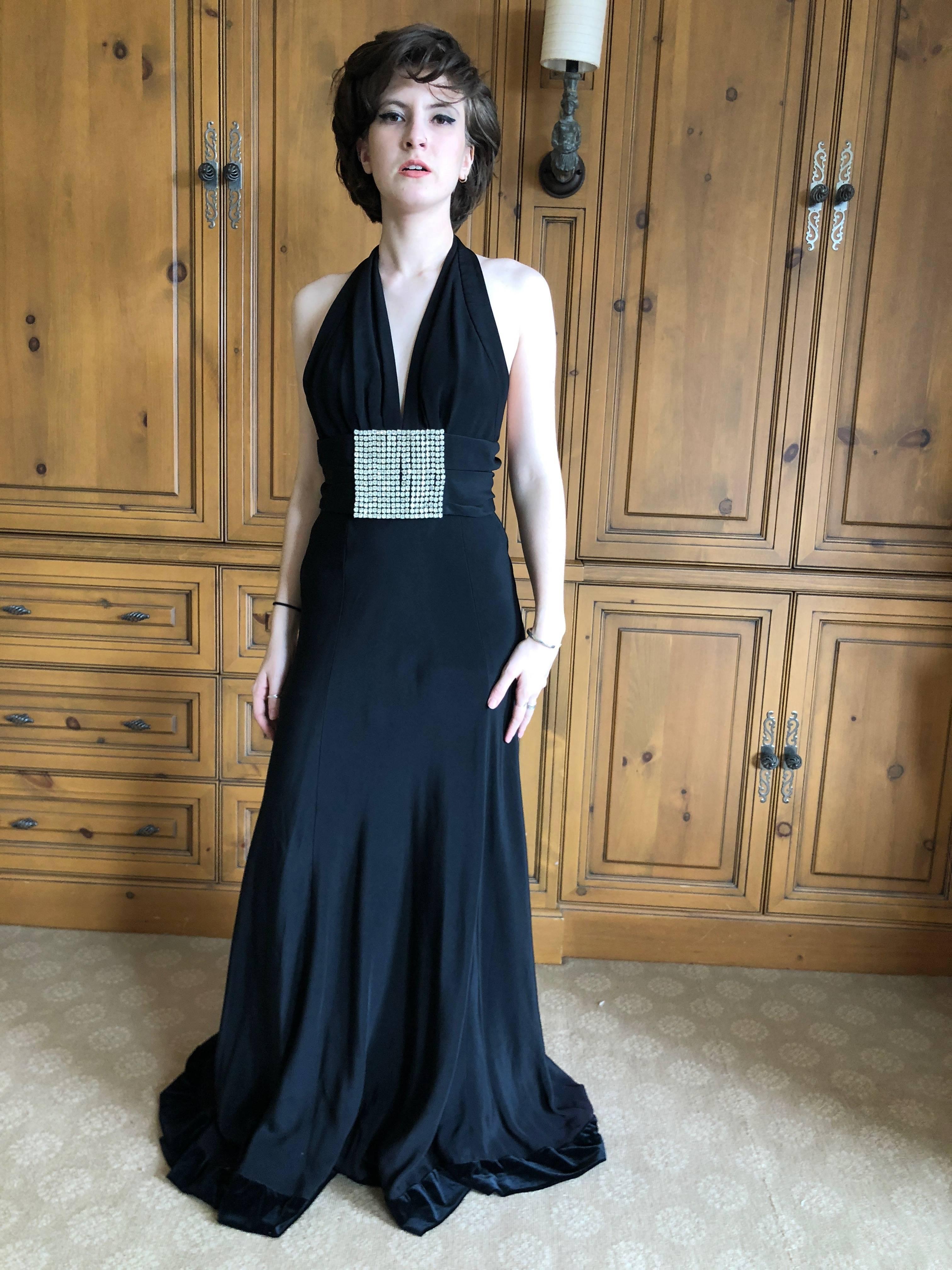 Cardinali Black Low Cut Halter Evening Dress with Huge Rhinestone Crystal Belt In Excellent Condition For Sale In Cloverdale, CA
