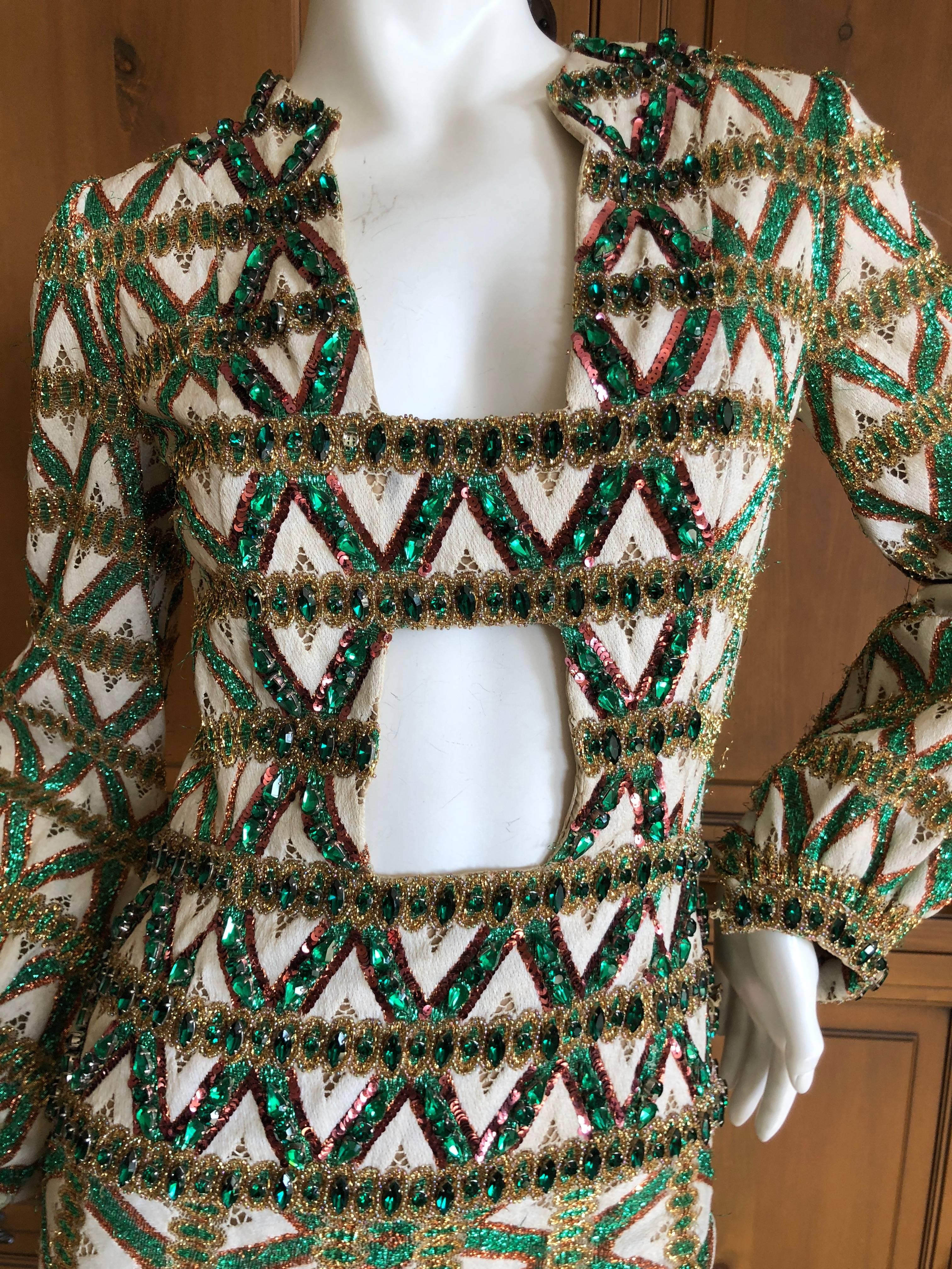 Cardinali Trelliage Pattern Key Hole Jumpsuit with Large Emerald Crystals In Excellent Condition For Sale In Cloverdale, CA