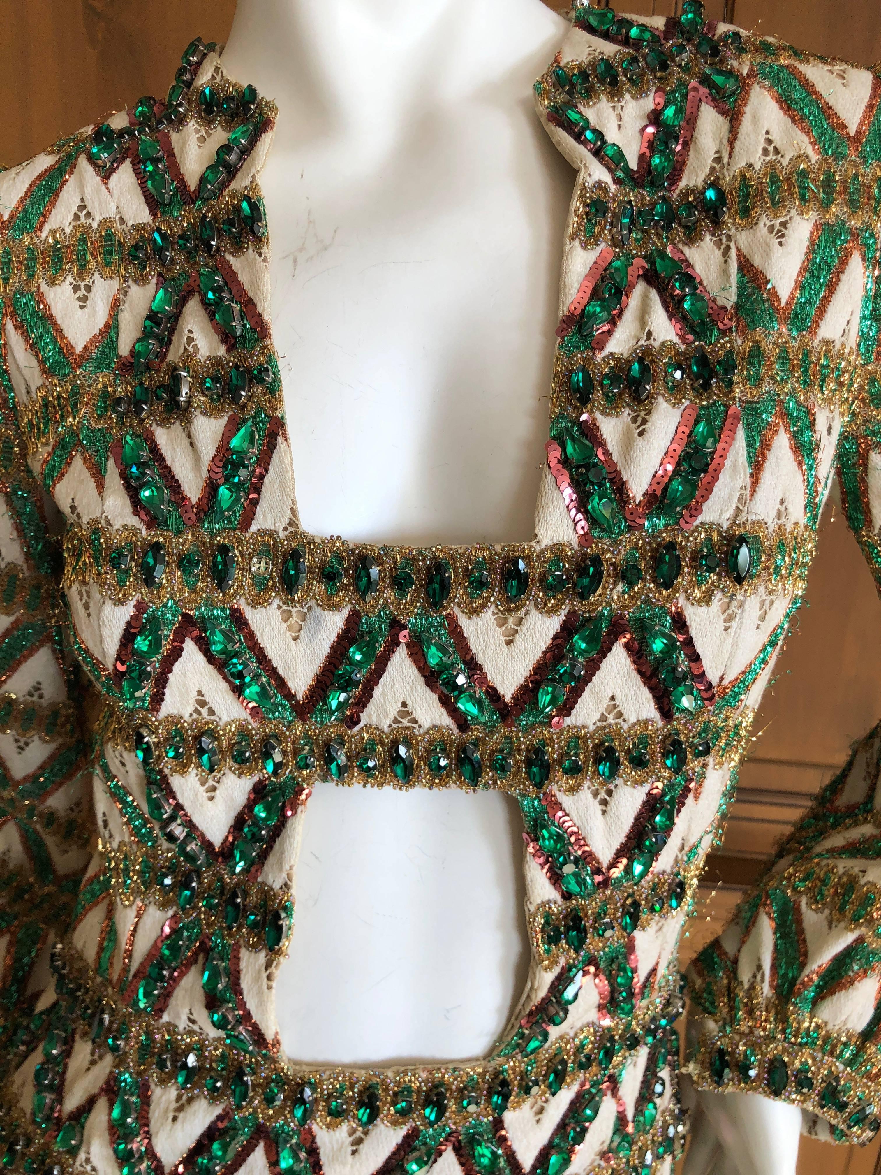 Cardinali Trelliage Pattern Key Hole Jumpsuit with Large Emerald Crystals For Sale 7