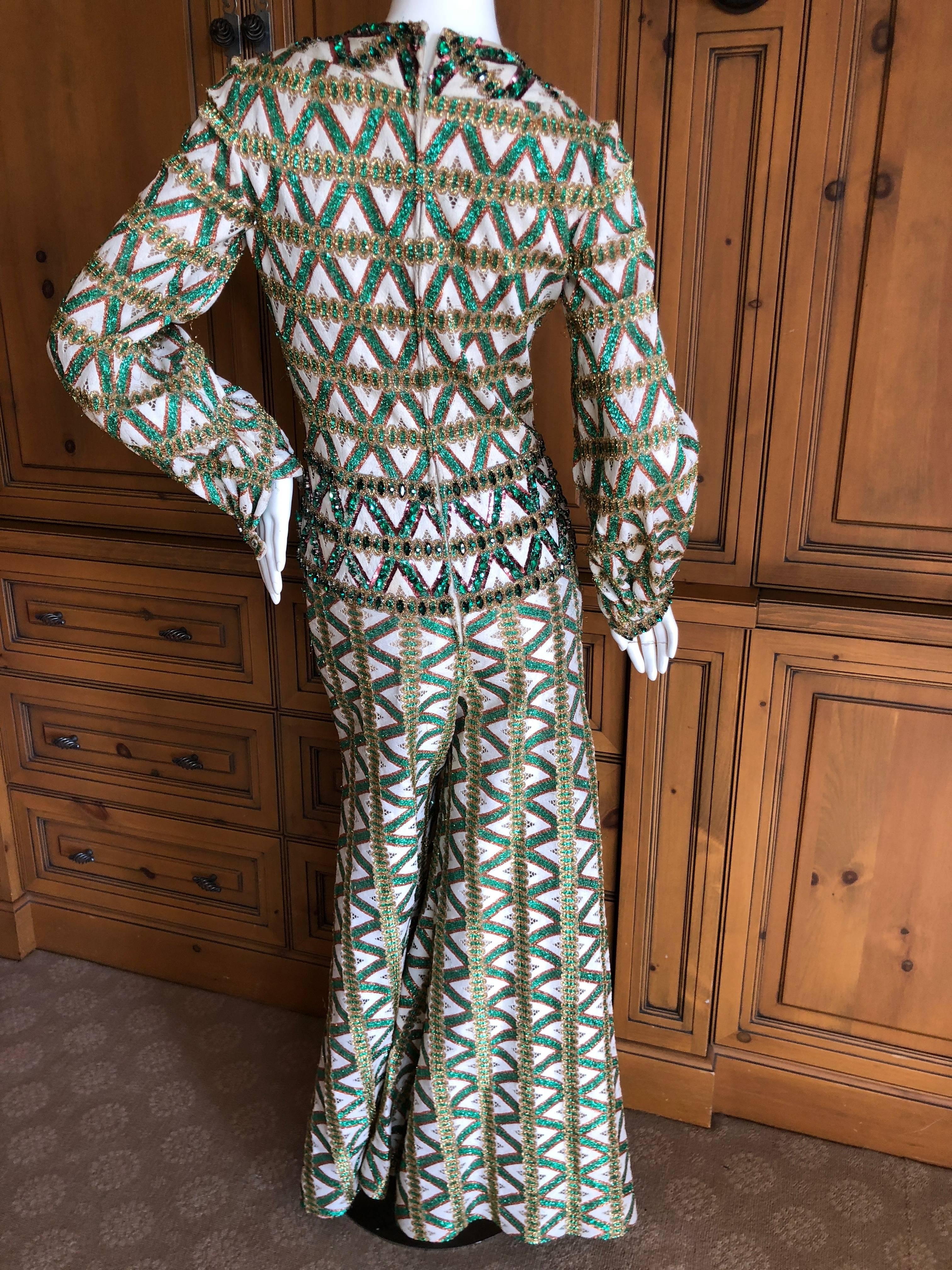 Cardinali Trelliage Pattern Key Hole Jumpsuit with Large Emerald Crystals For Sale 10