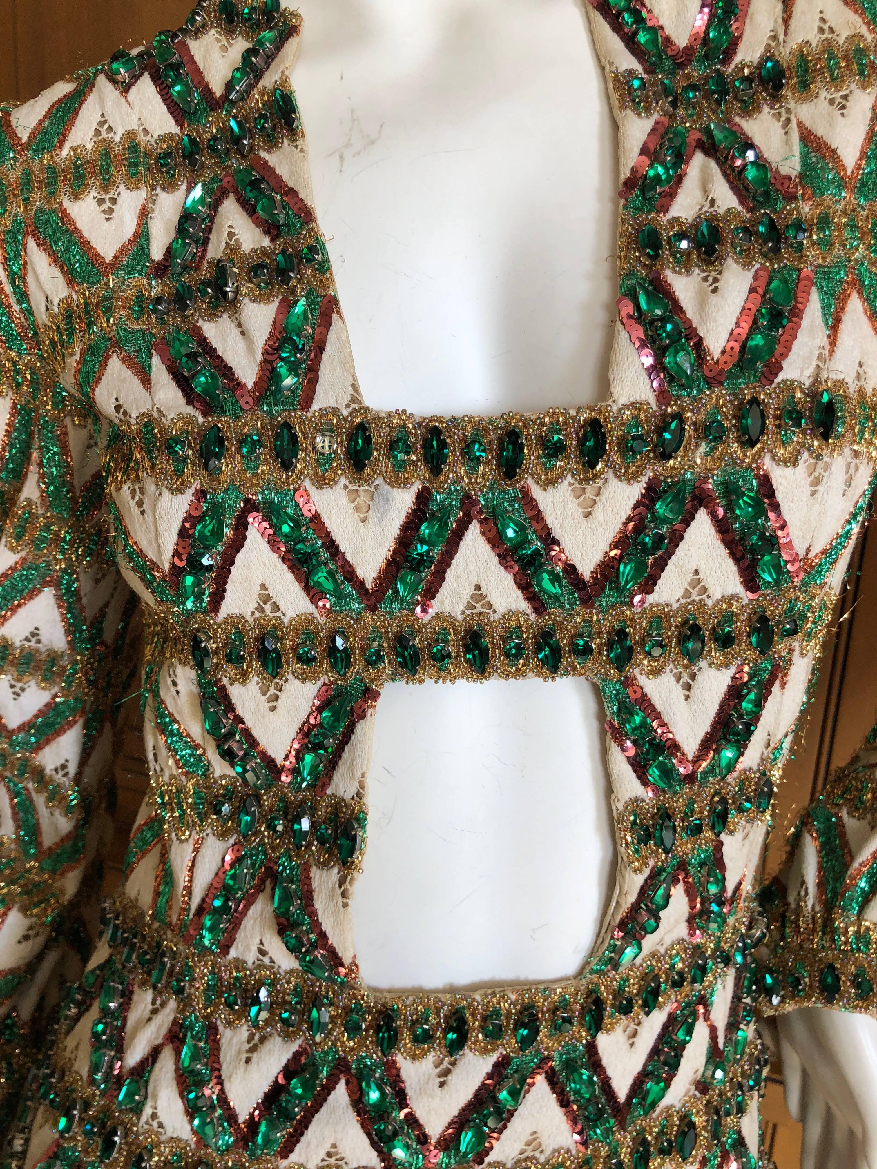 Cardinali Trelliage Pattern Key Hole Jumpsuit with Large Emerald Crystals For Sale 15