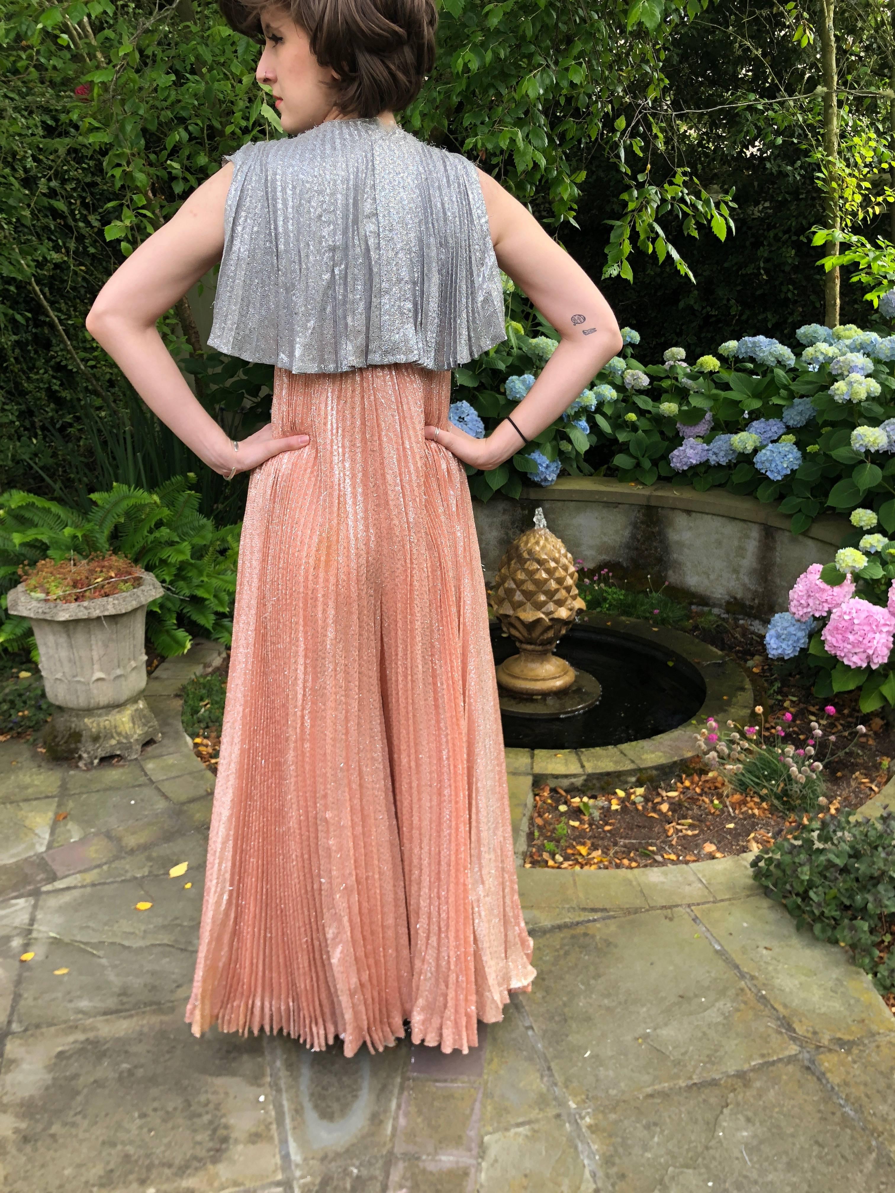 Cardinali Metallic Copper and Silver Lurex Pleated Jumpsuit with Capelet Back In Fair Condition For Sale In Cloverdale, CA
