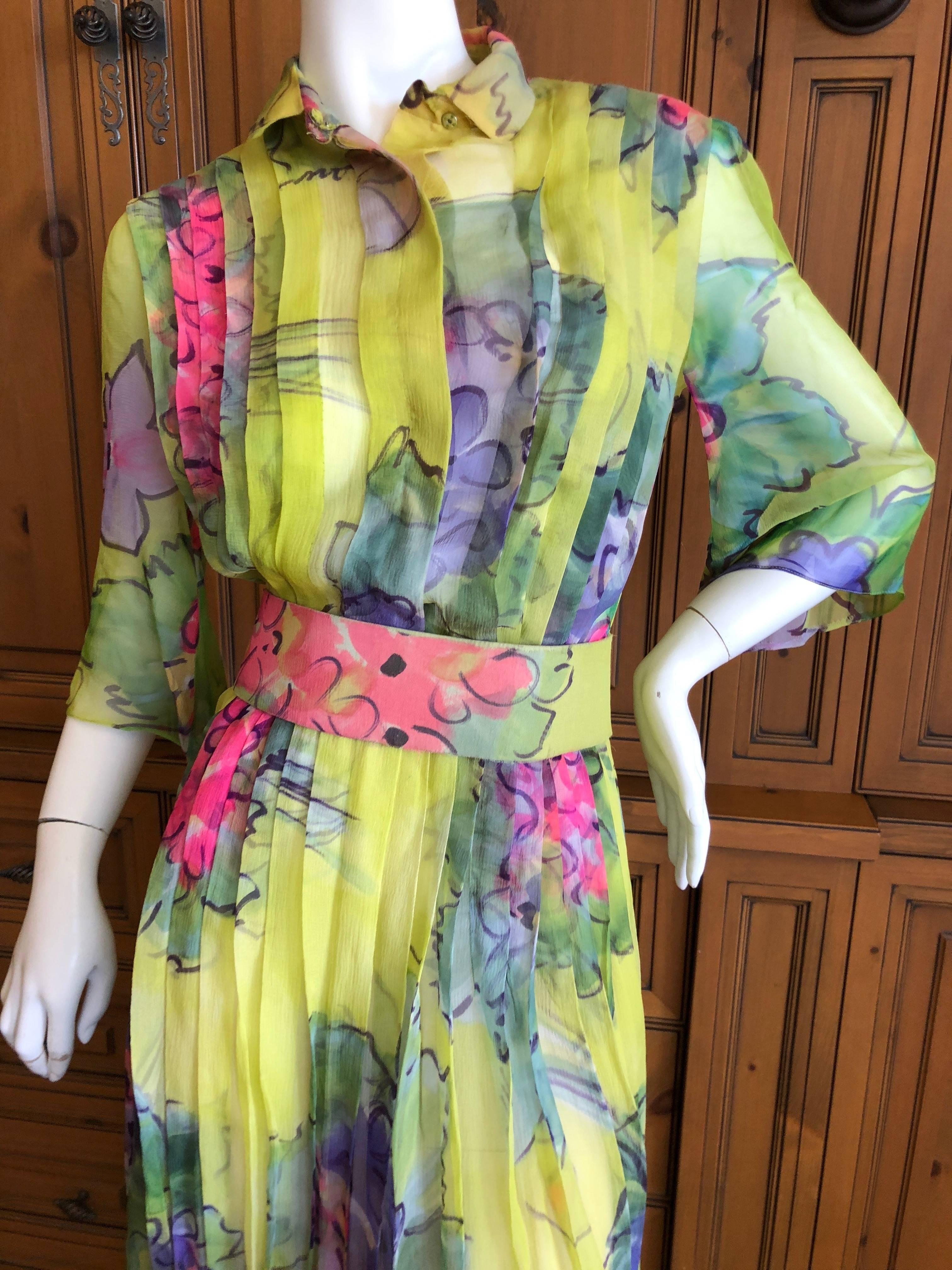 Cardinali Pleated Silk Chiffon Floral Evening Jumpsuit Dress with Belt In Fair Condition For Sale In Cloverdale, CA