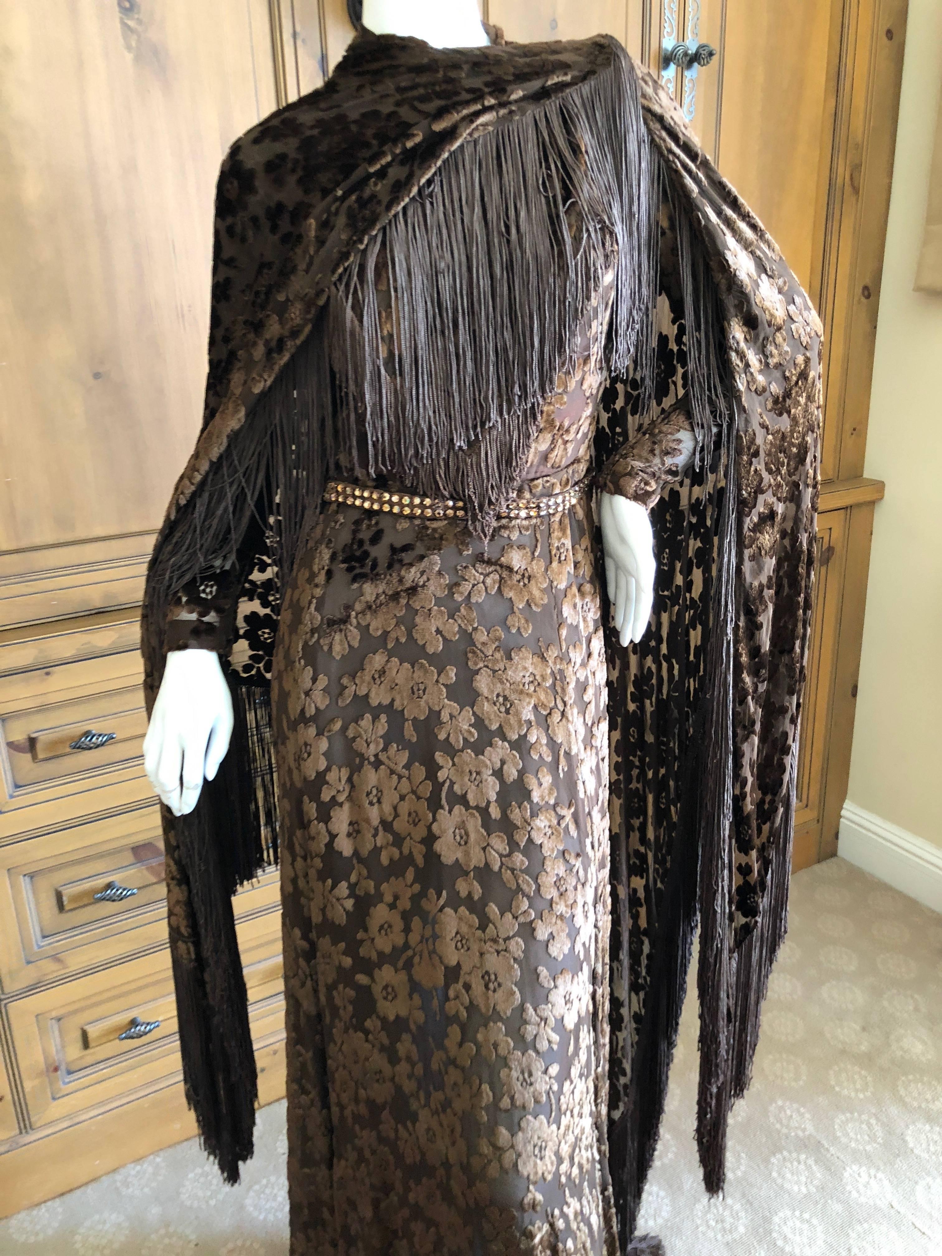 Cardinali Sheer 1970's Devore Velvet Fringed Evening Dress with Fringe Shawl  For Sale 8