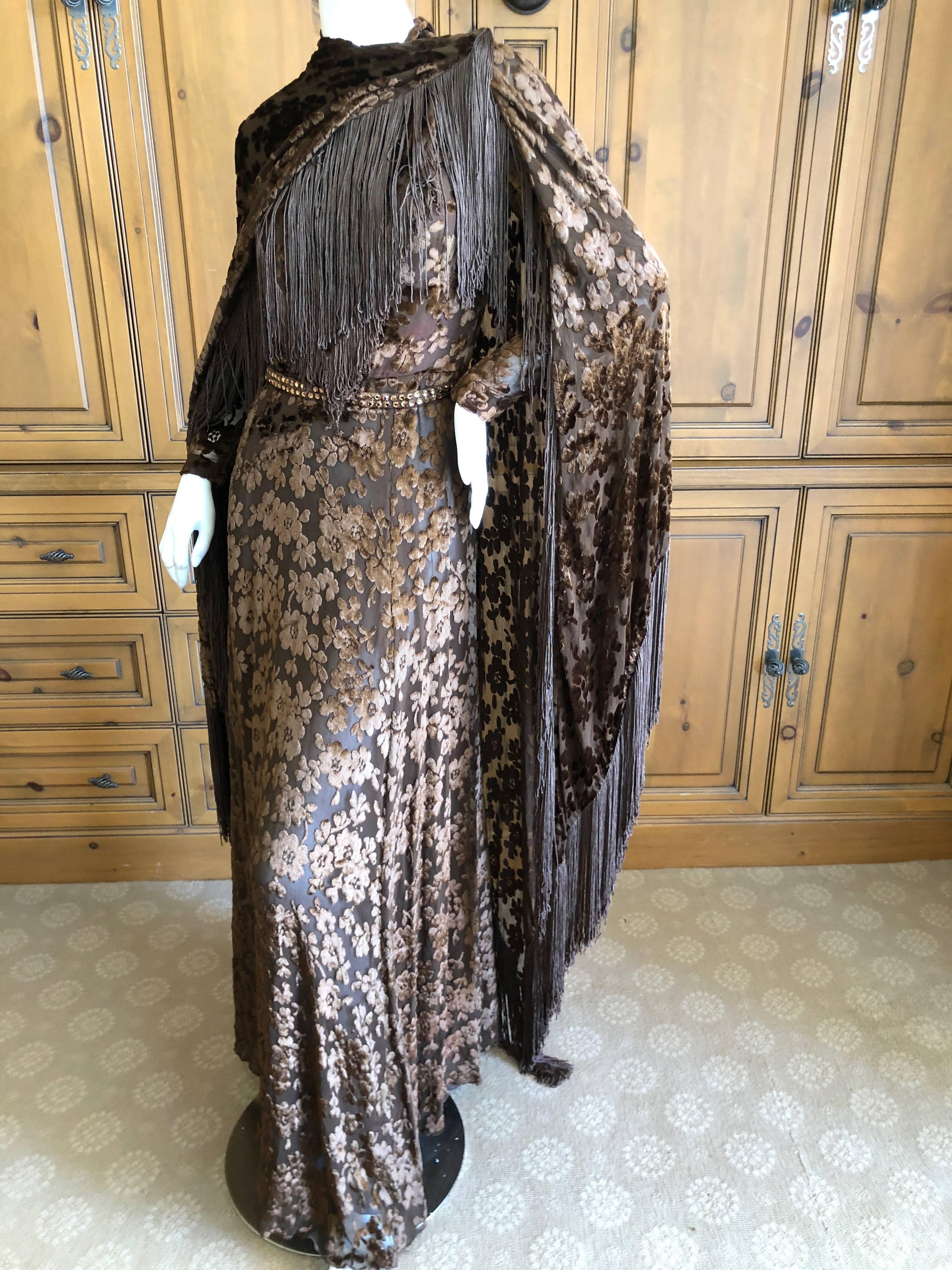 Cardinali Sheer 1970's Devore Velvet Fringed Evening Dress with Fringe Shawl  In Excellent Condition For Sale In Cloverdale, CA