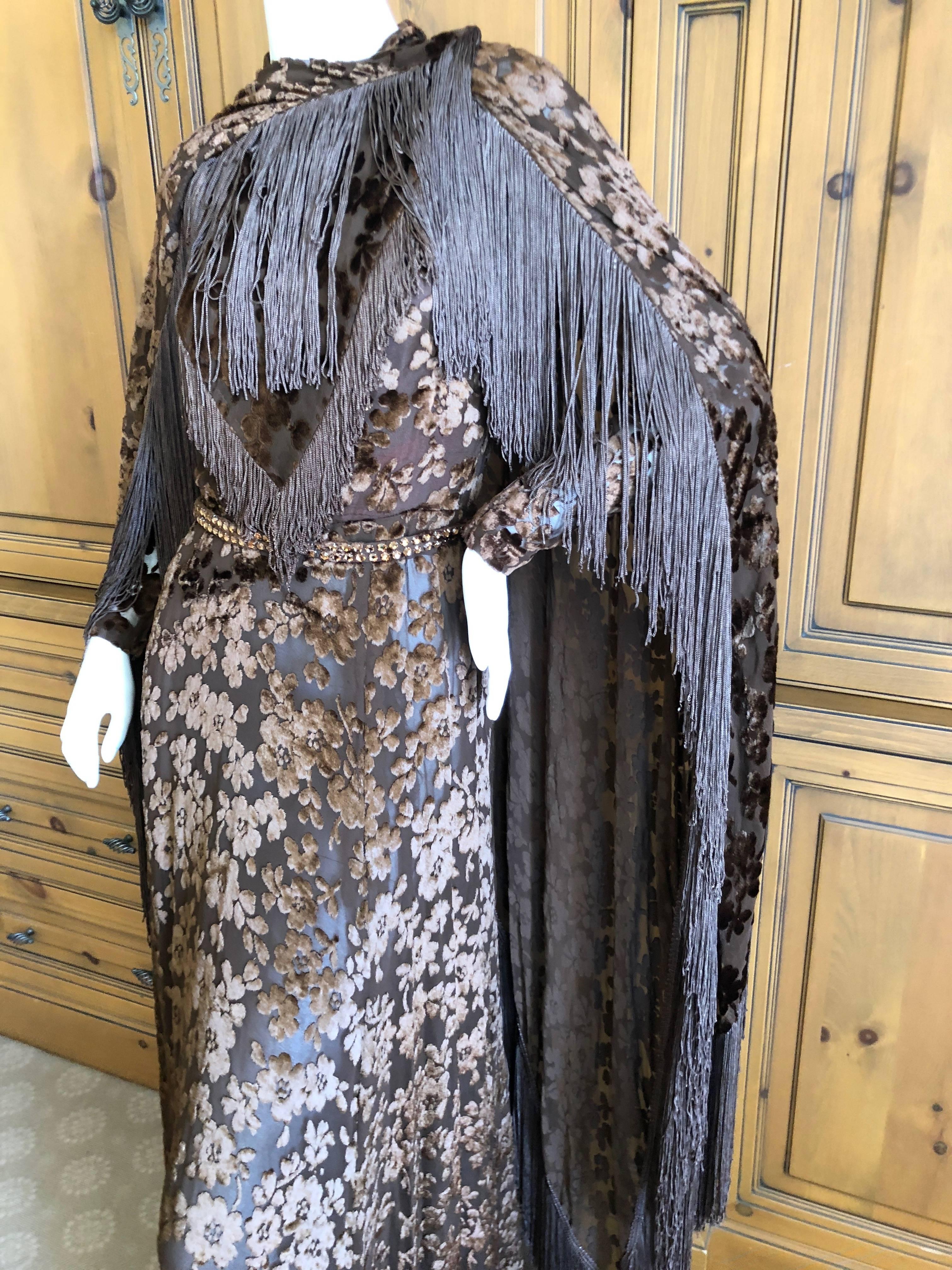 Cardinali Sheer 1970's Devore Velvet Fringed Evening Dress with Fringe Shawl  For Sale 10