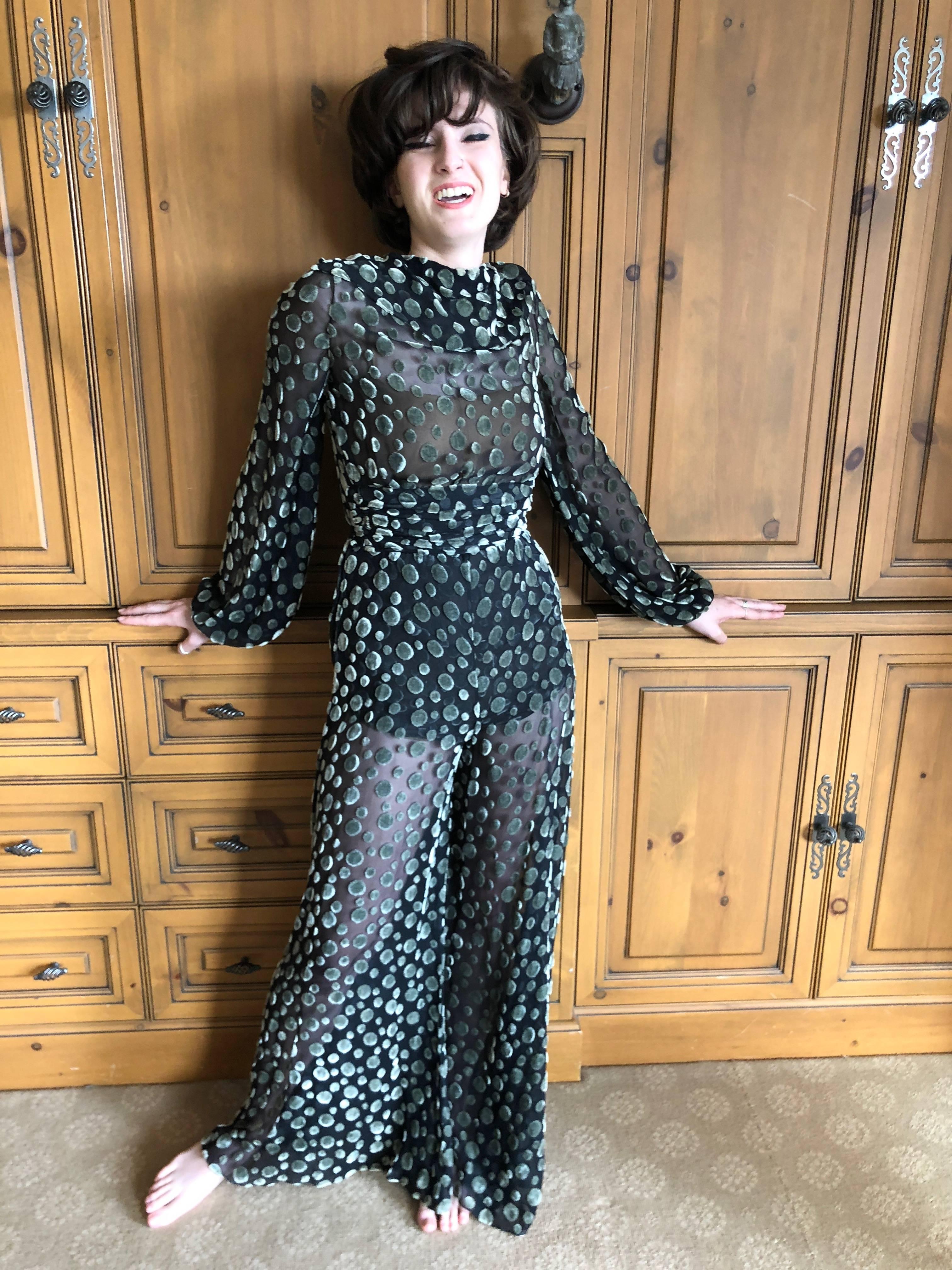 Cardinali 1974 Sheer Silk Devore Velvet Poet Sleeve Jumpsuit

From the Archive of Marilyn Lewis, the creator of Cardinali
Cardinali was founded in Los Angeles in 1970, by Marilyn Lewis, who had already found success as the founder and owner of the