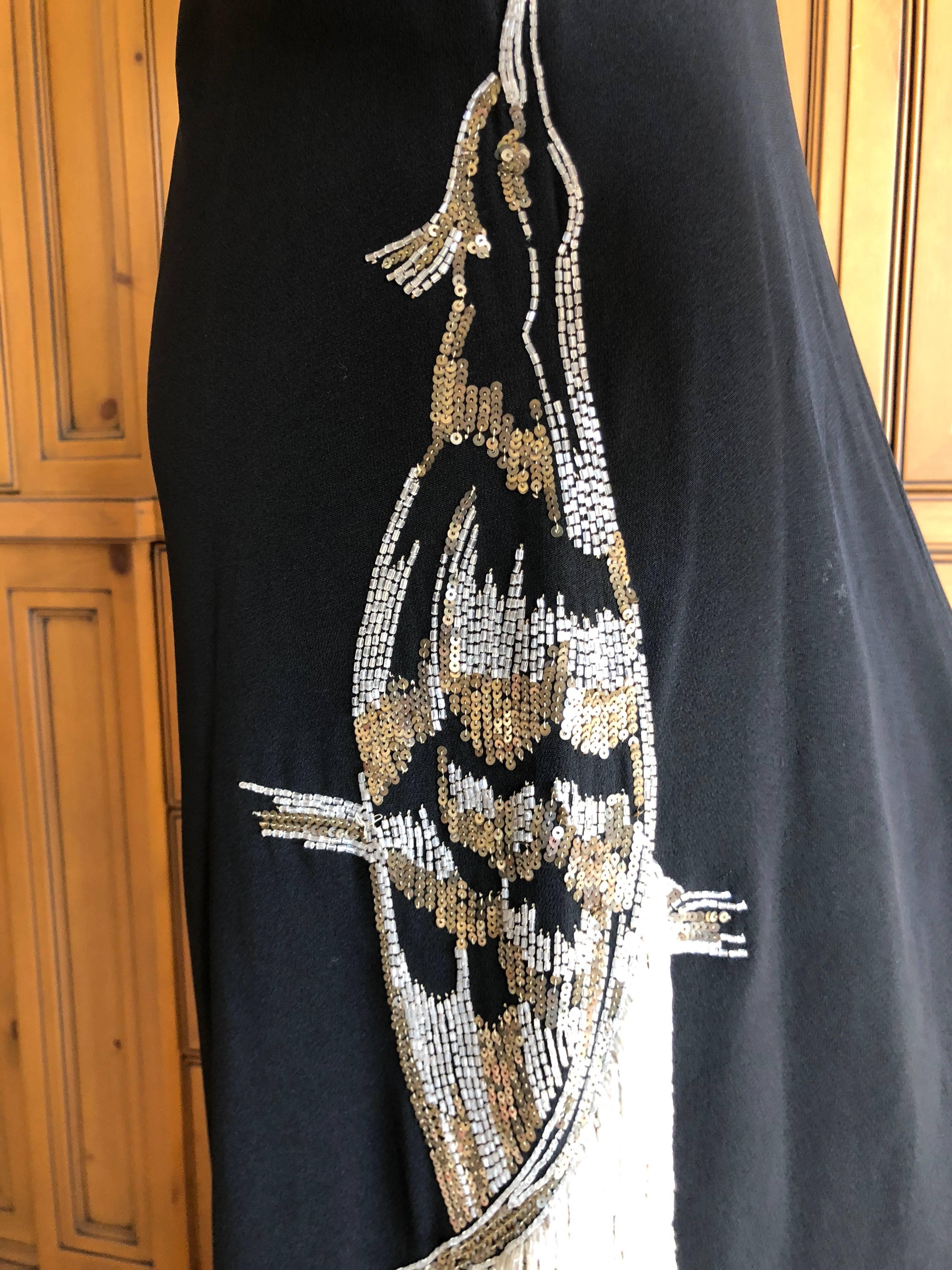 Cardinali Black Evening Dress with Bead Trim Fringed Bird Of Paradise In Excellent Condition For Sale In Cloverdale, CA