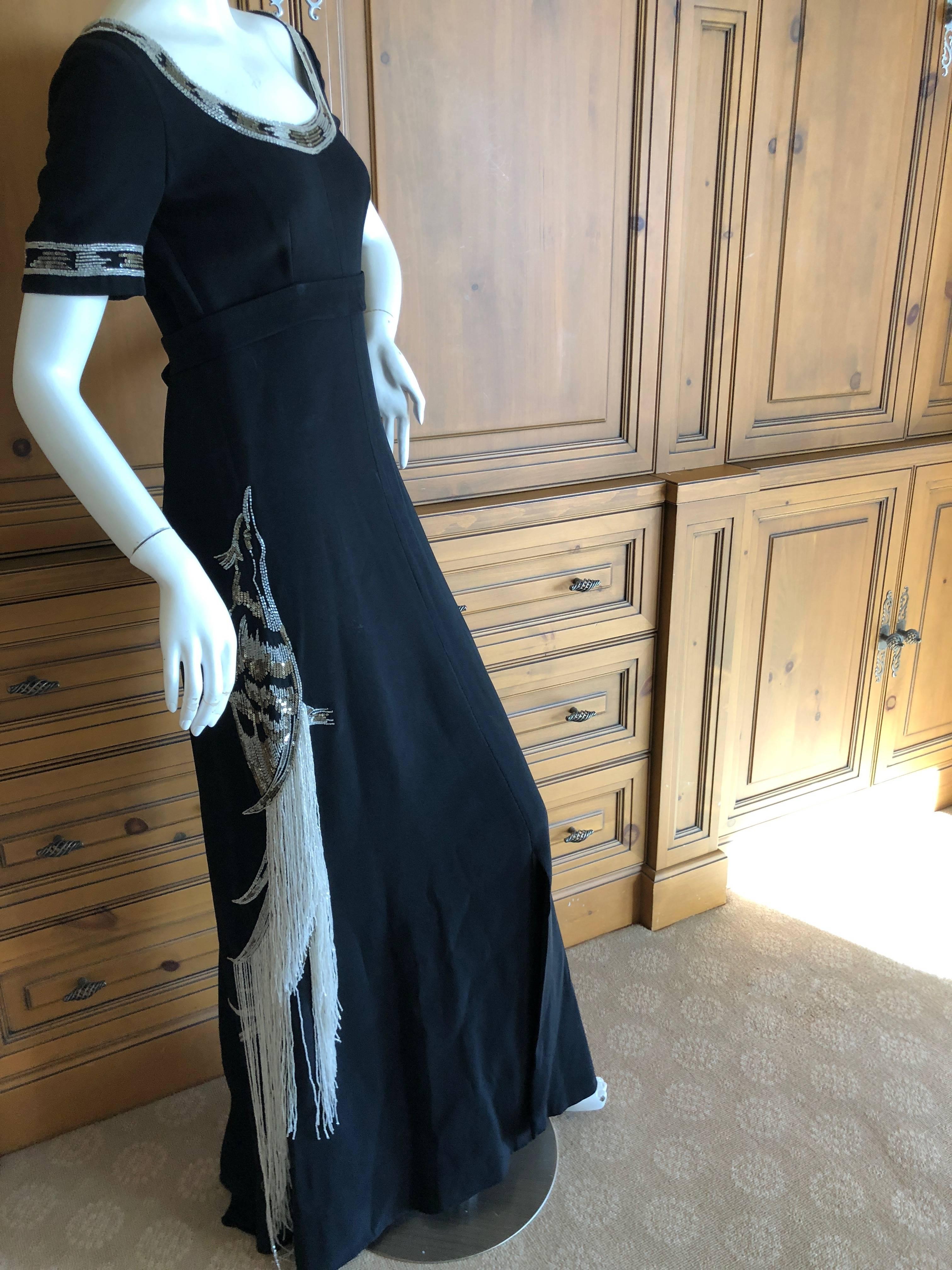 Women's Cardinali Black Evening Dress with Bead Trim Fringed Bird Of Paradise For Sale