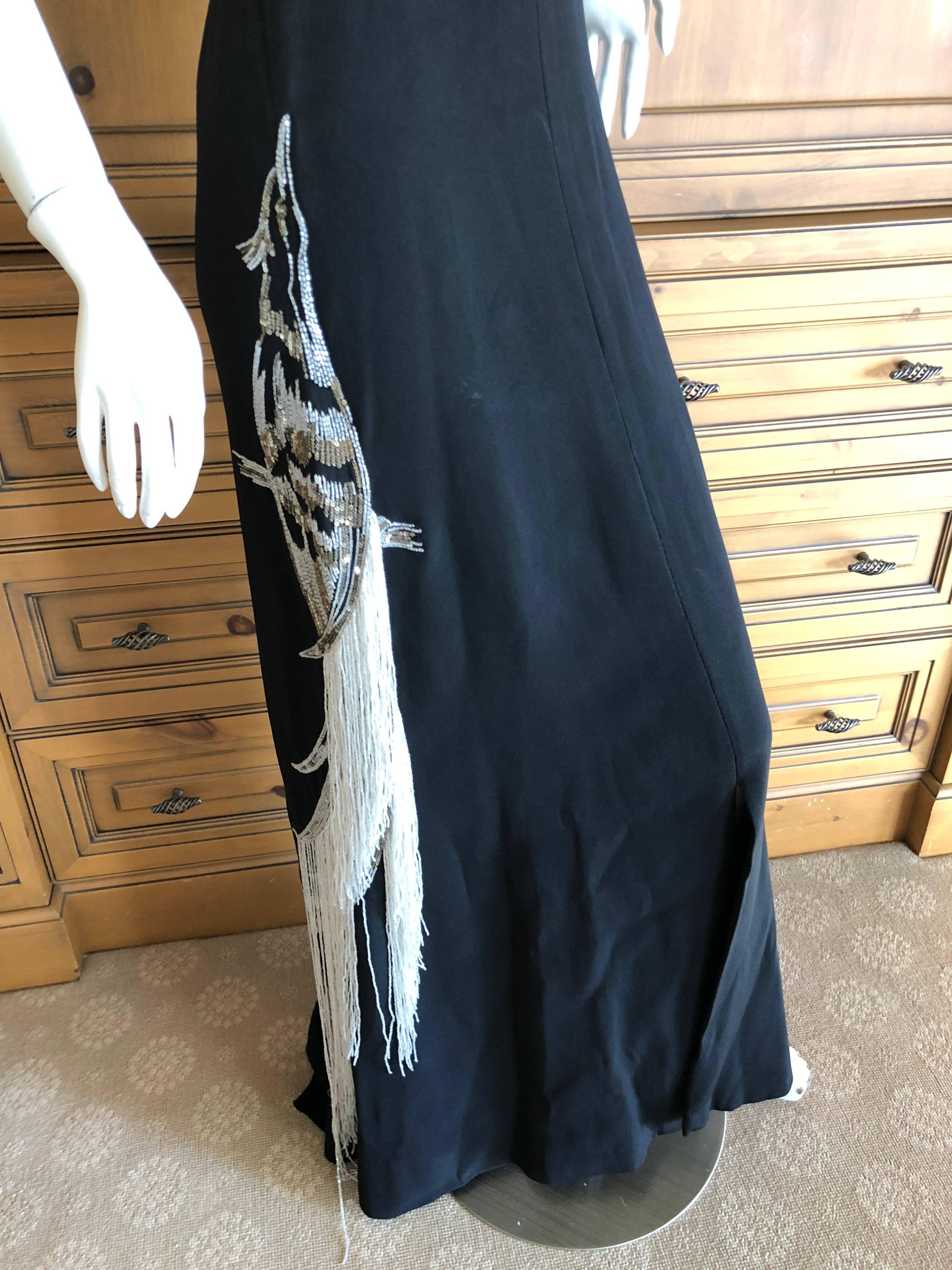 Cardinali Black Evening Dress with Bead Trim Fringed Bird Of Paradise For Sale 1