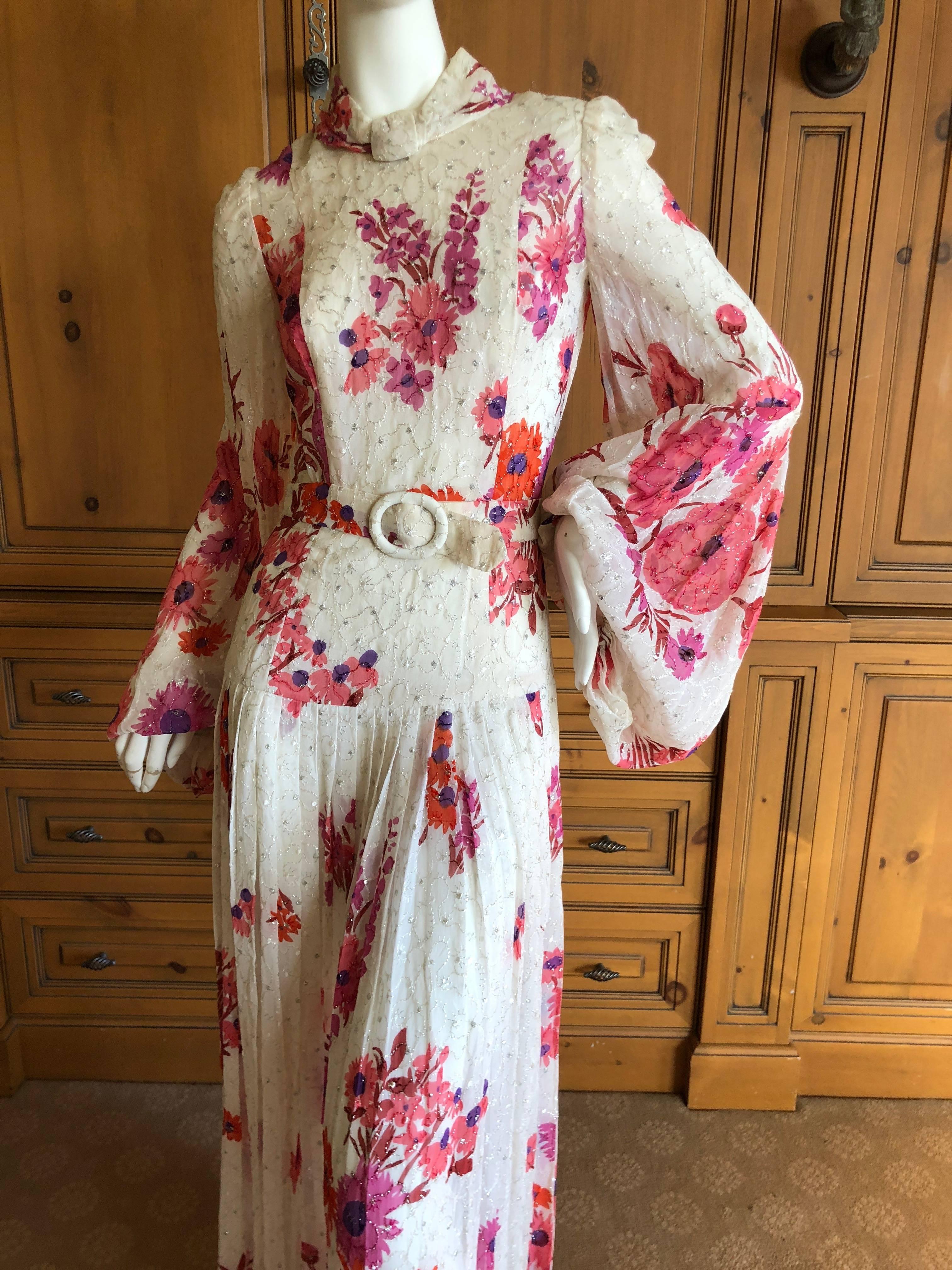 Cardinali Elegant Ivory Floral Silk Belted Poet Sleeve Evening Dress  In Excellent Condition In Cloverdale, CA
