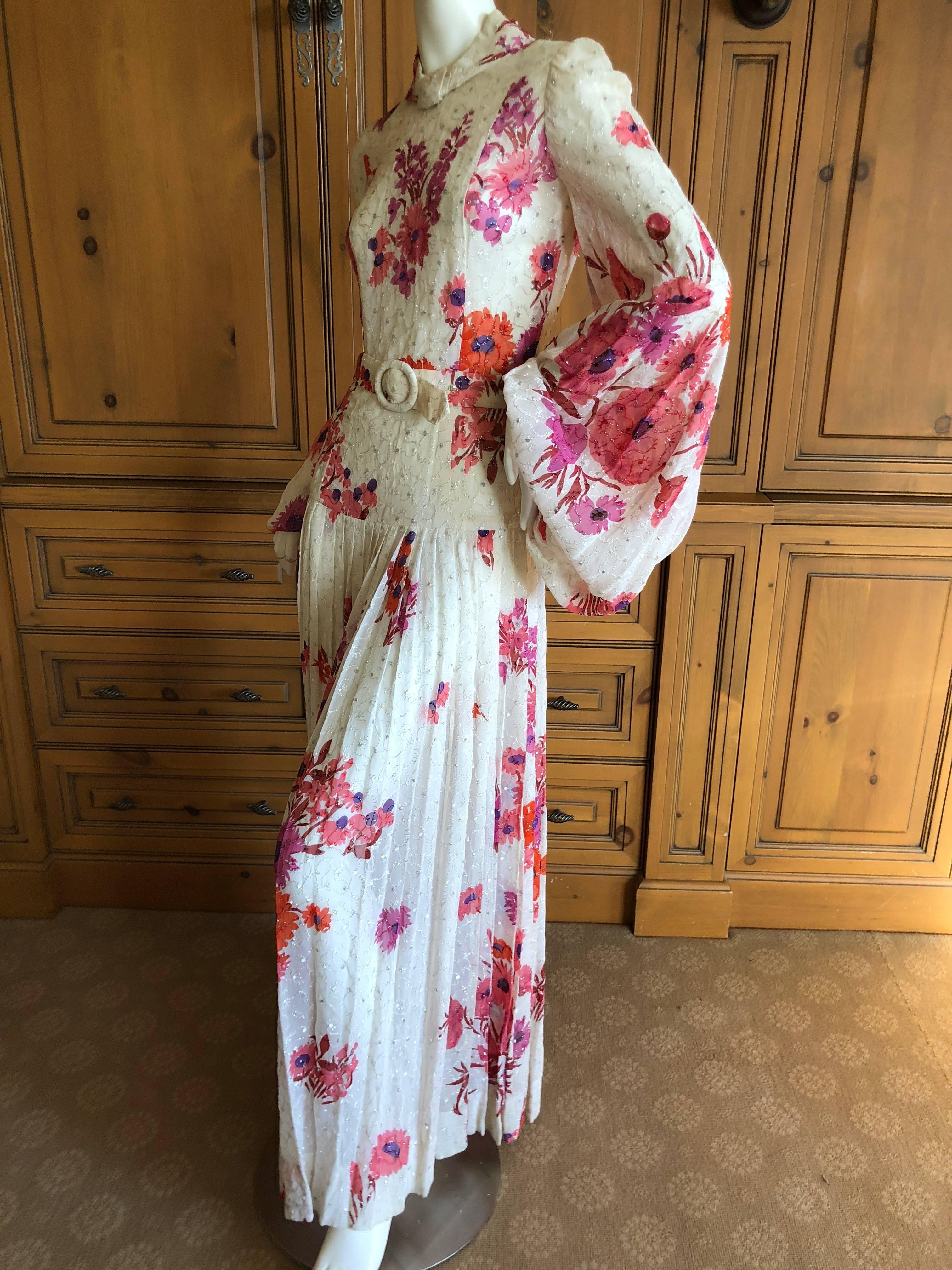 Cardinali Elegant Ivory Floral Silk Belted Poet Sleeve Evening Dress  1