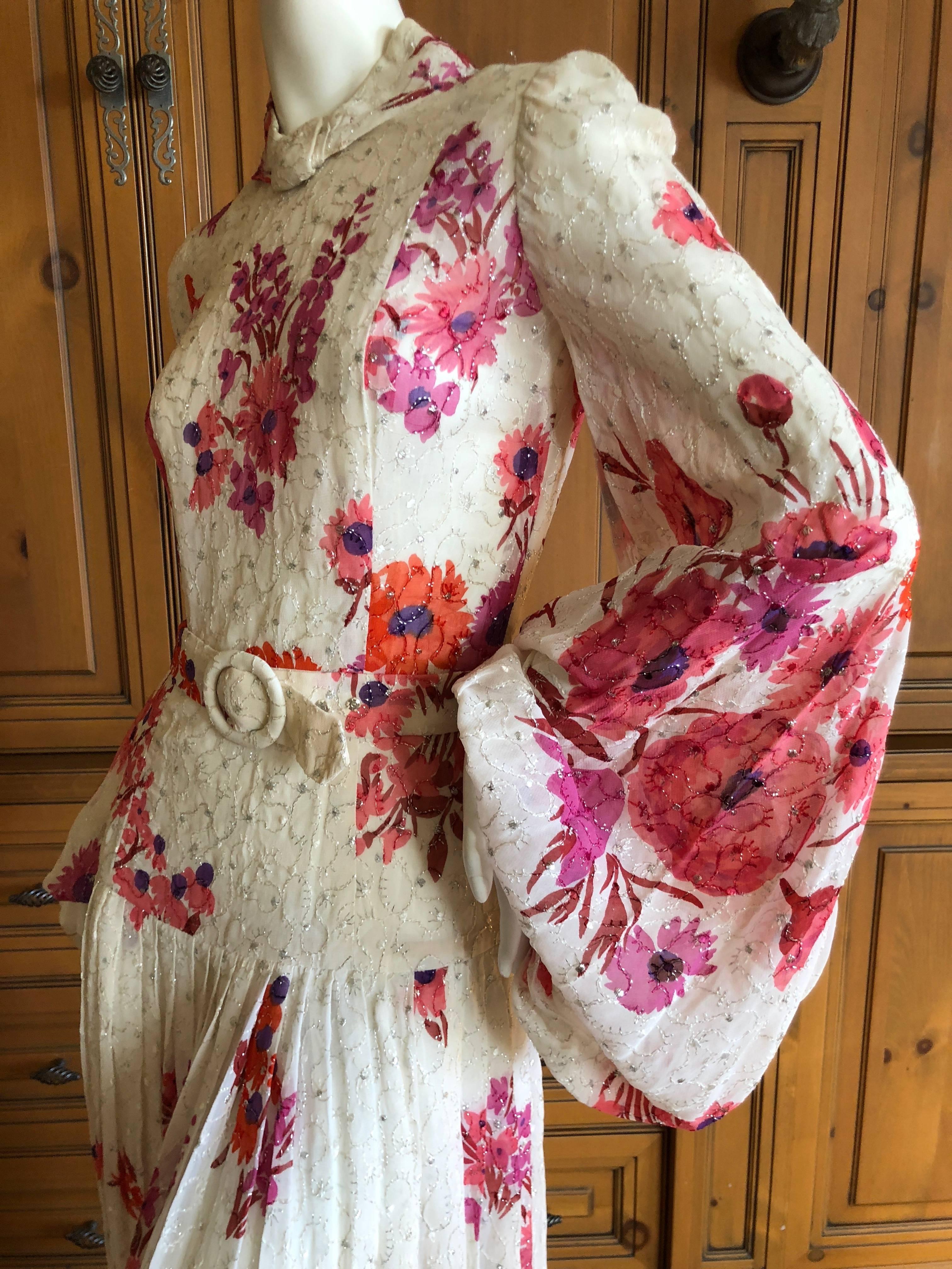 Cardinali Elegant Ivory Floral Silk Belted Poet Sleeve Evening Dress  2
