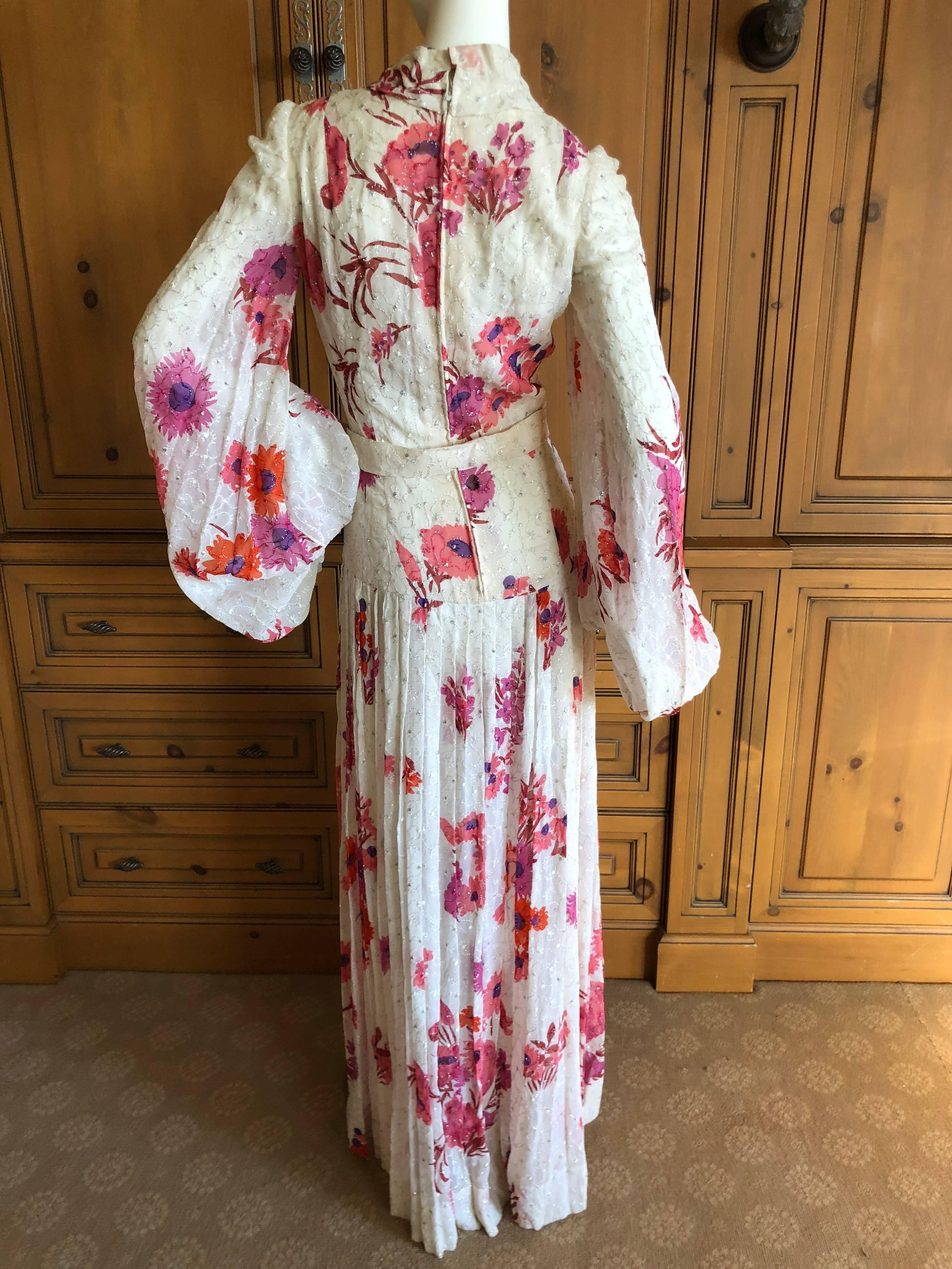 Cardinali Elegant Ivory Floral Silk Belted Poet Sleeve Evening Dress  3