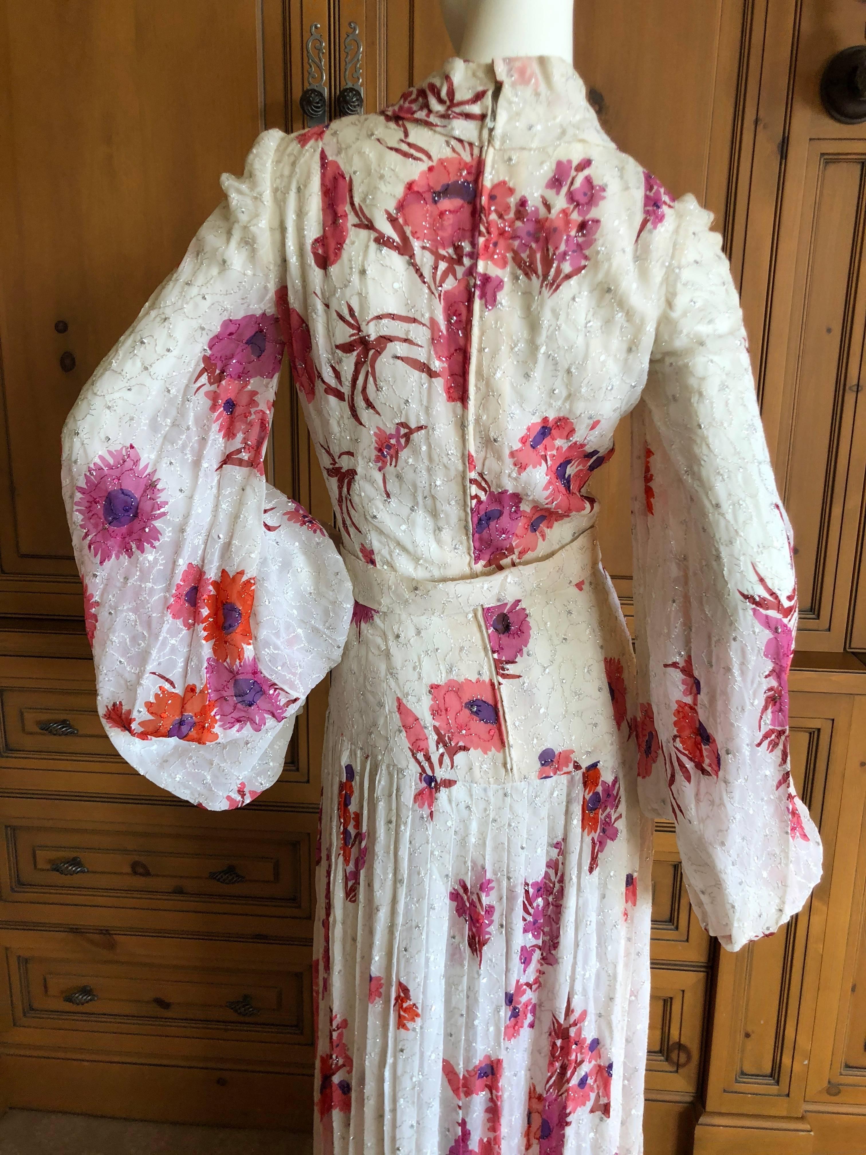 Cardinali Elegant Ivory Floral Silk Belted Poet Sleeve Evening Dress  4