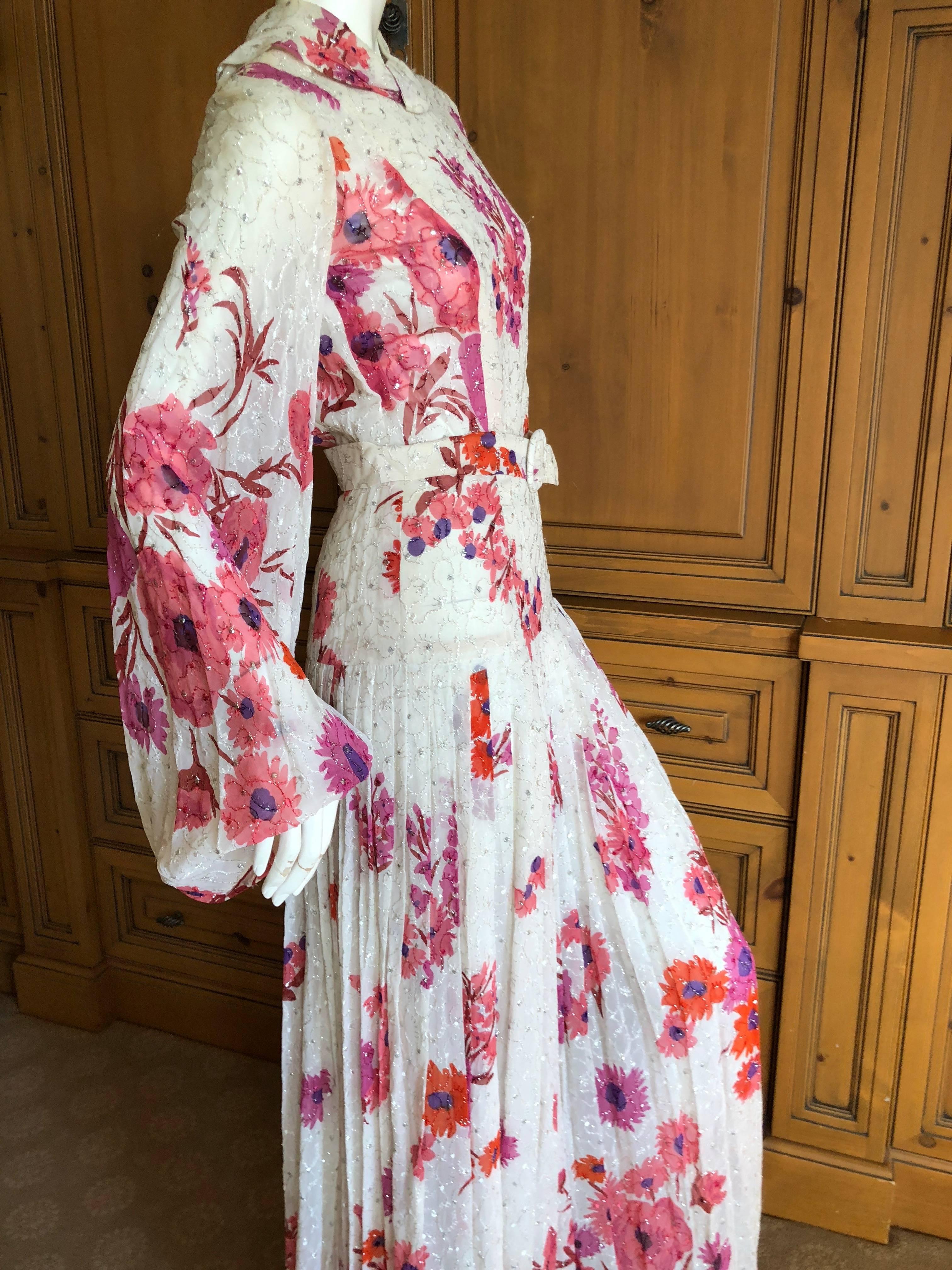 Cardinali Elegant Ivory Floral Silk Belted Poet Sleeve Evening Dress  6