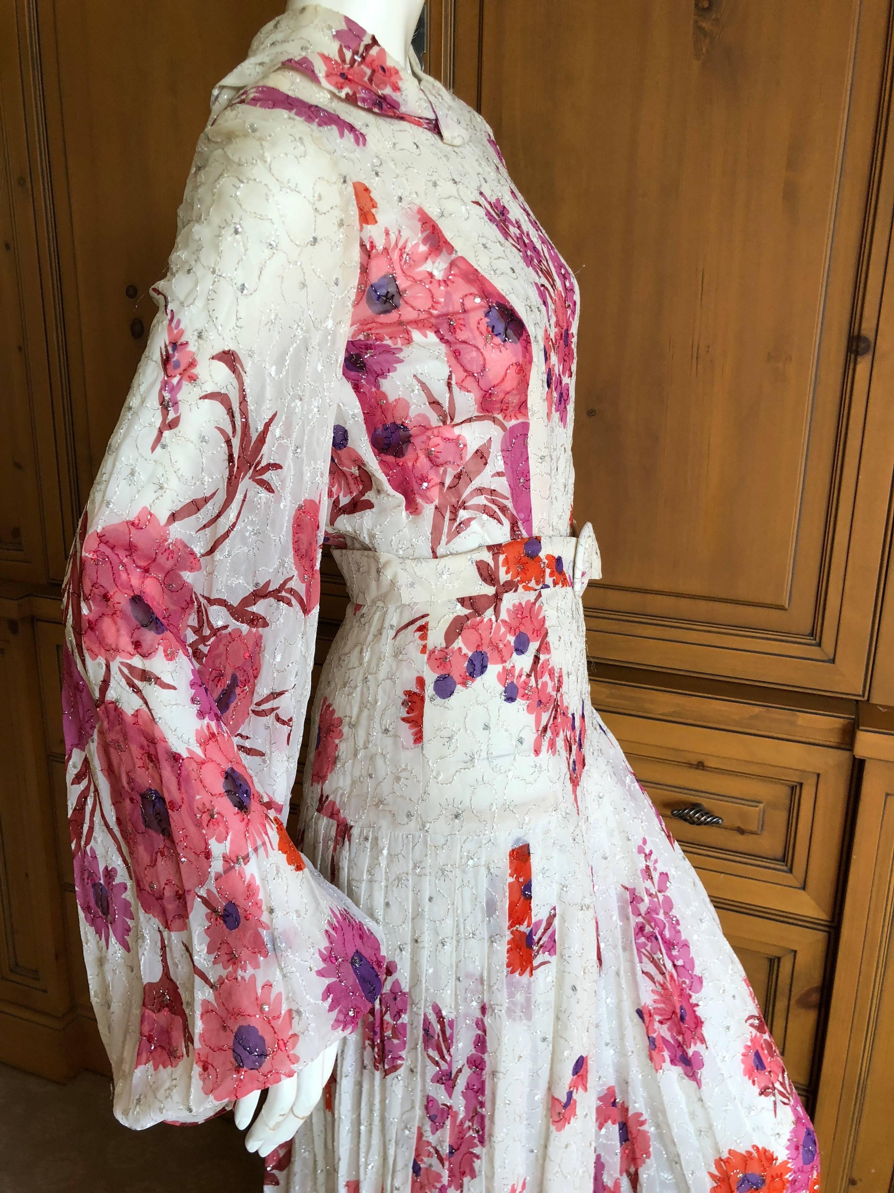 Cardinali Elegant Ivory Floral Silk Belted Poet Sleeve Evening Dress  14
