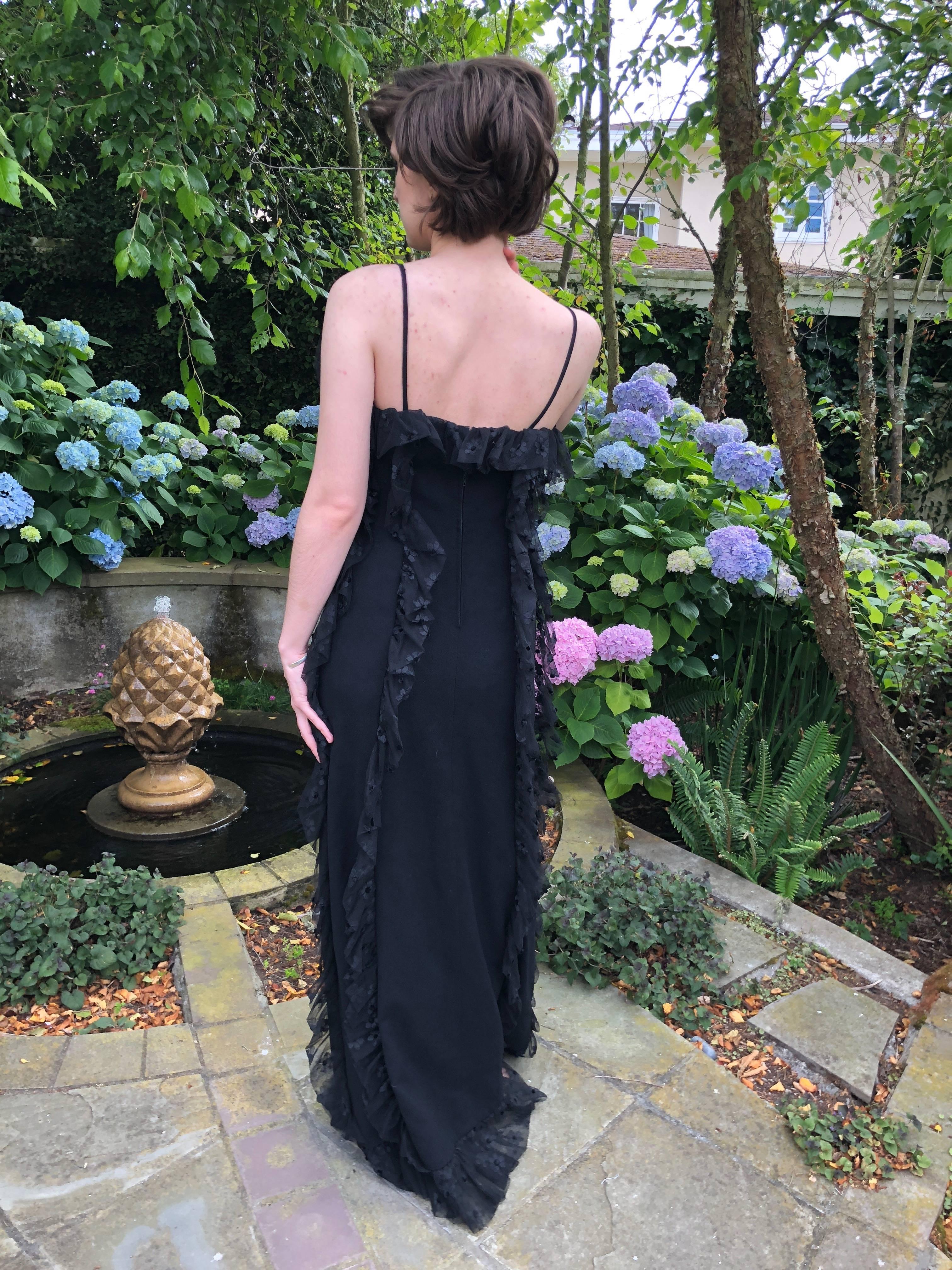 Cardinali Spring 1974 Black Ruffle Lace Trim Evening Gown In Excellent Condition For Sale In Cloverdale, CA