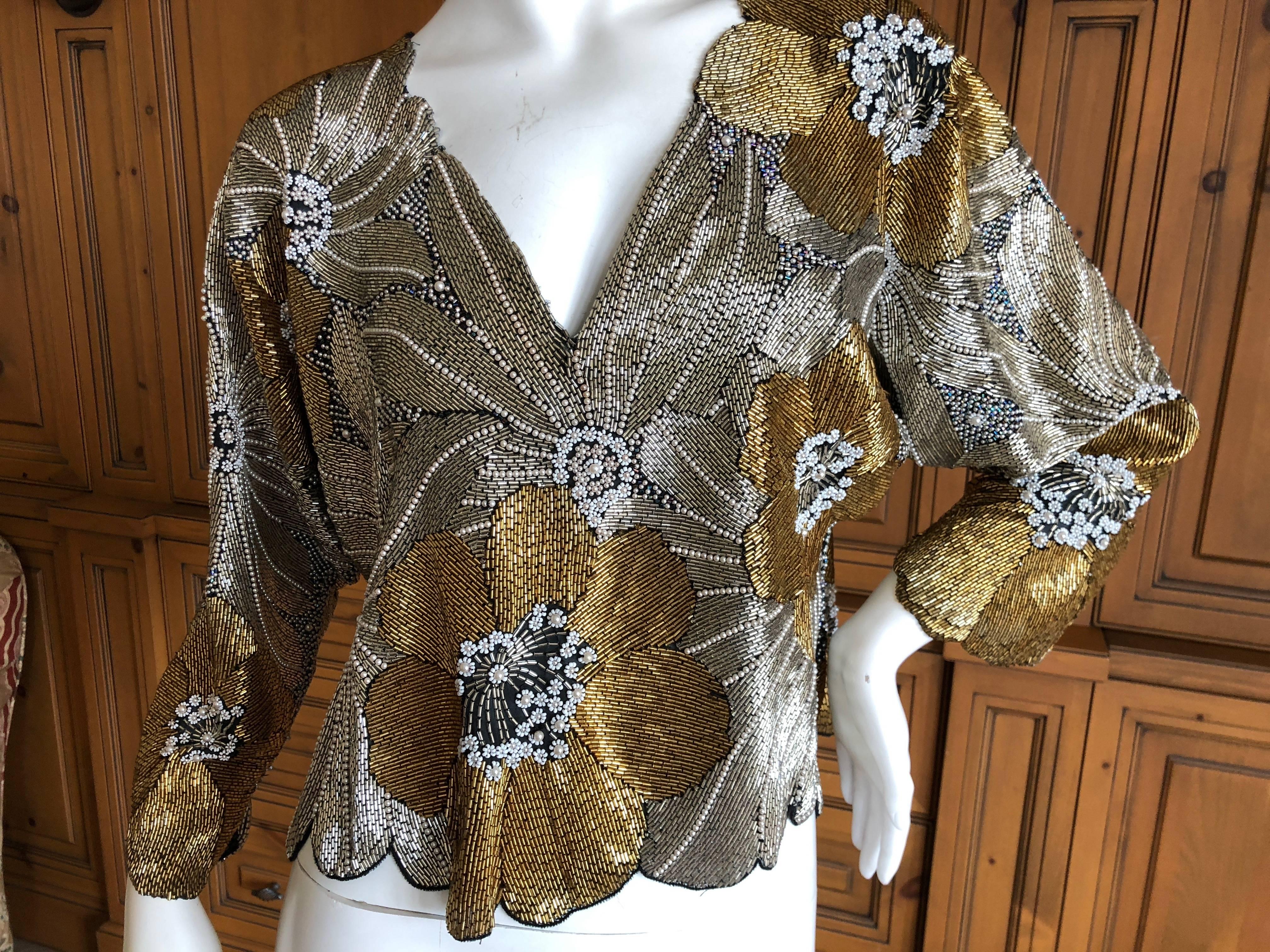 Halston 1970's Disco Era Gold Bugle Bead and Pearl Embellished Top In Good Condition For Sale In Cloverdale, CA