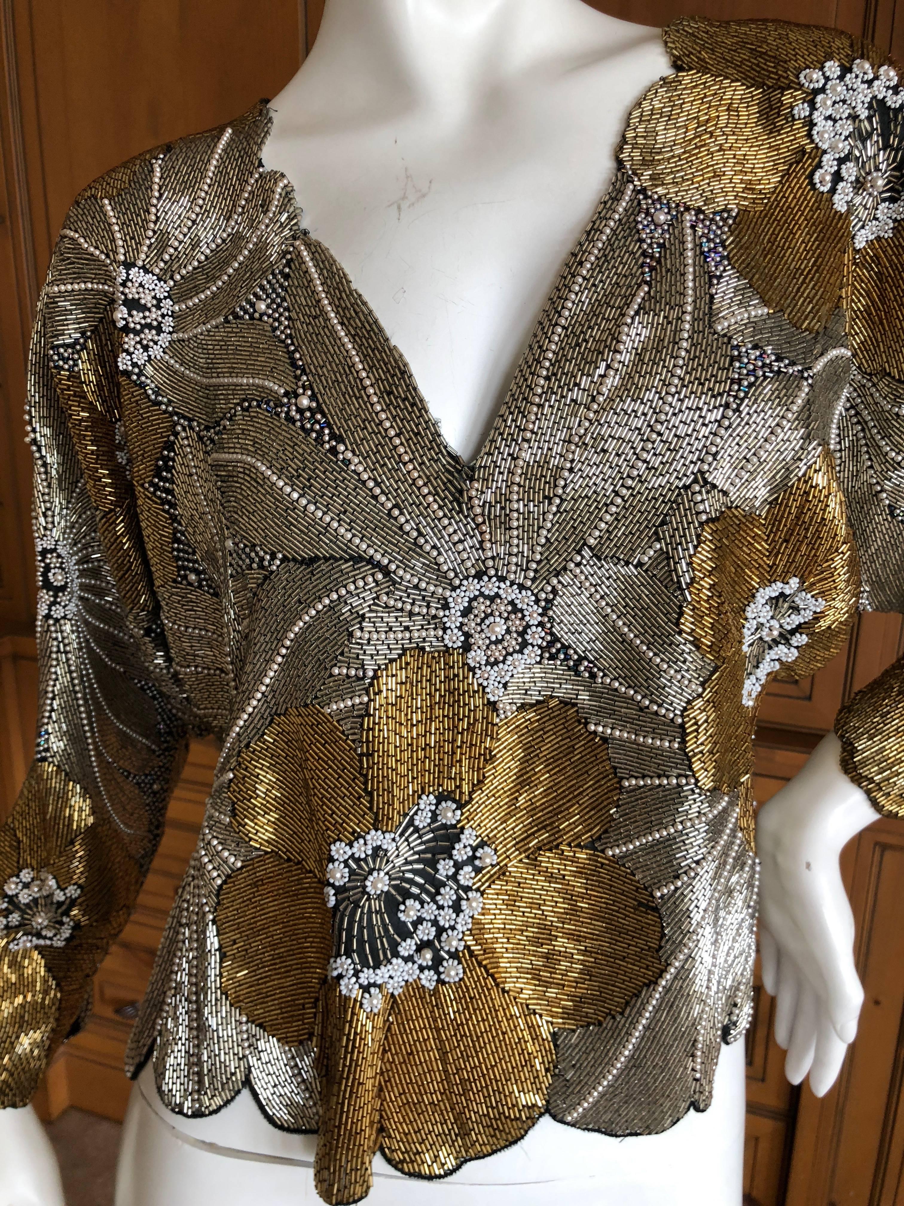 Women's Halston 1970's Disco Era Gold Bugle Bead and Pearl Embellished Top For Sale