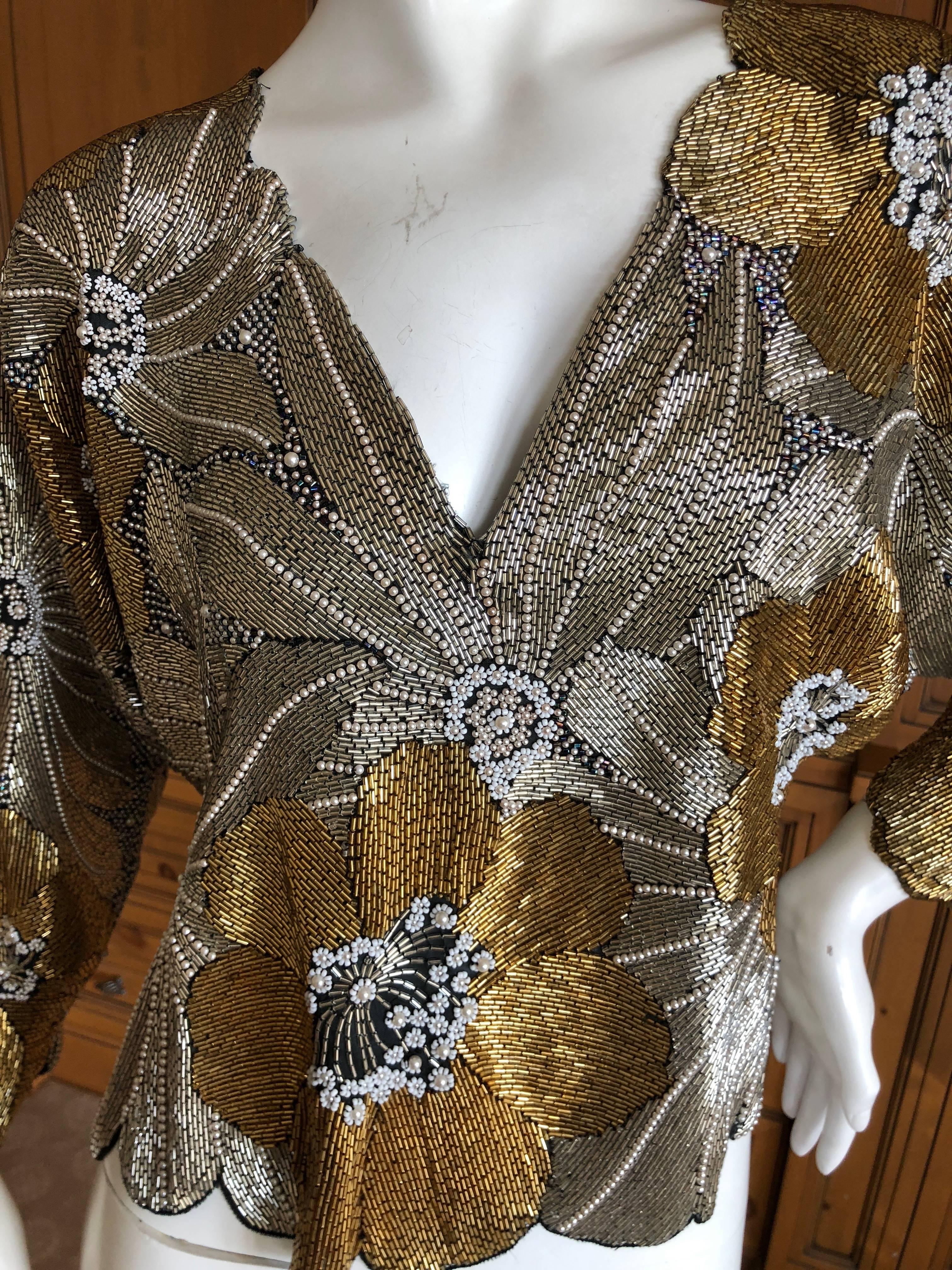 Halston 1970's Disco Era Gold Bugle Bead and Pearl Embellished Top For Sale 1