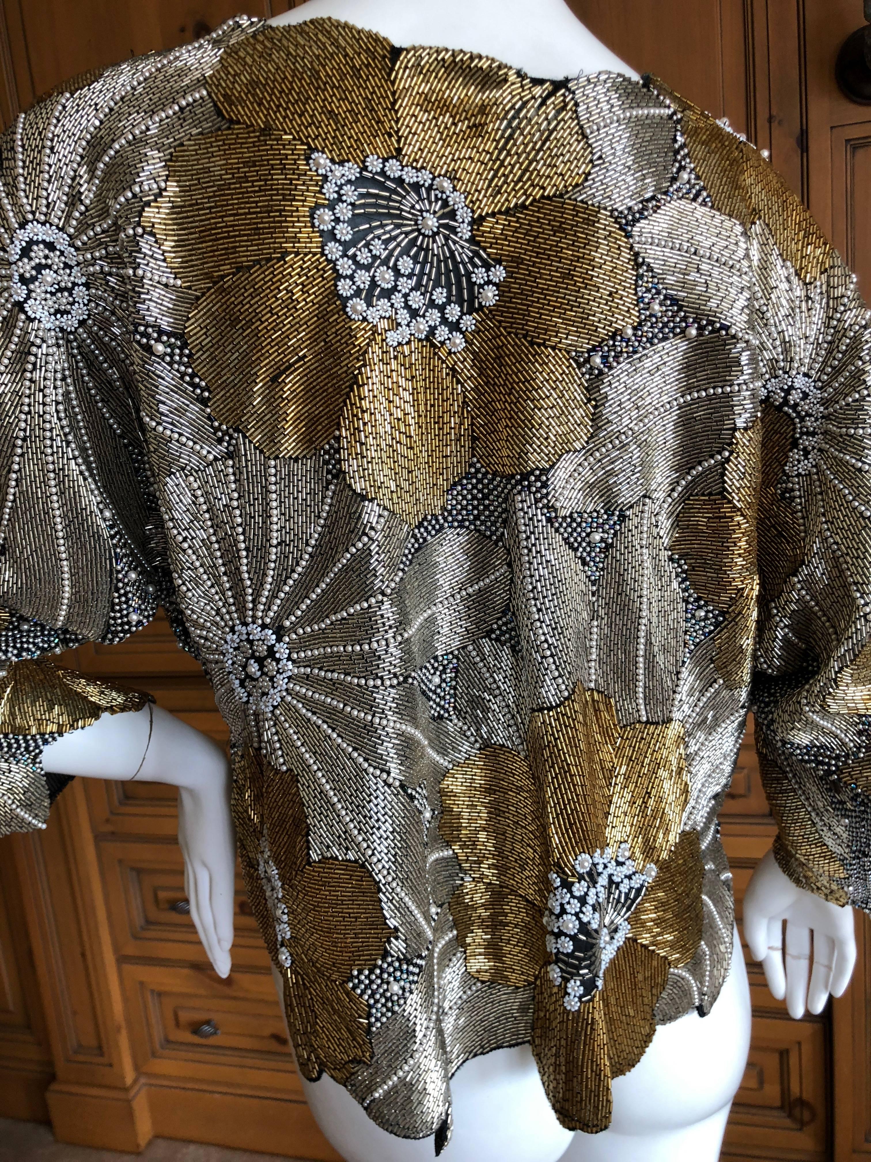 Halston 1970's Disco Era Gold Bugle Bead and Pearl Embellished Top For Sale 7