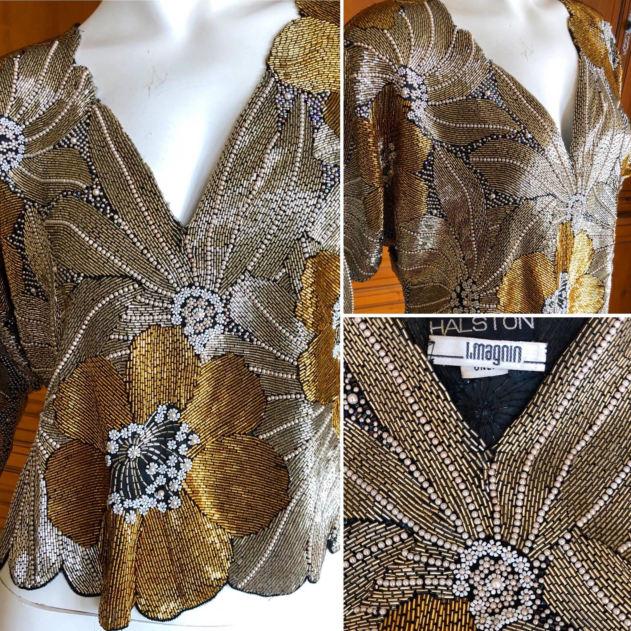 Halston 1970's Disco Era Gold Bugle Bead and Pearl Embellished Top For Sale 9